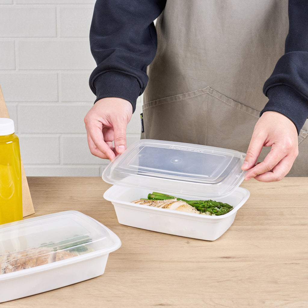 Asporto 38 oz Rectangle White Plastic To Go Box - with Clear Lid, Microwavable - 8 3/4" x 6" x 2" - 50 count box