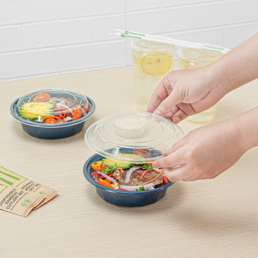 Asporto 16 oz Round Midnight Blue Plastic To Go Box - with Clear Lid, Microwavable - 6 1/4" x 6 1/4" x 1 3/4" - 100 count box