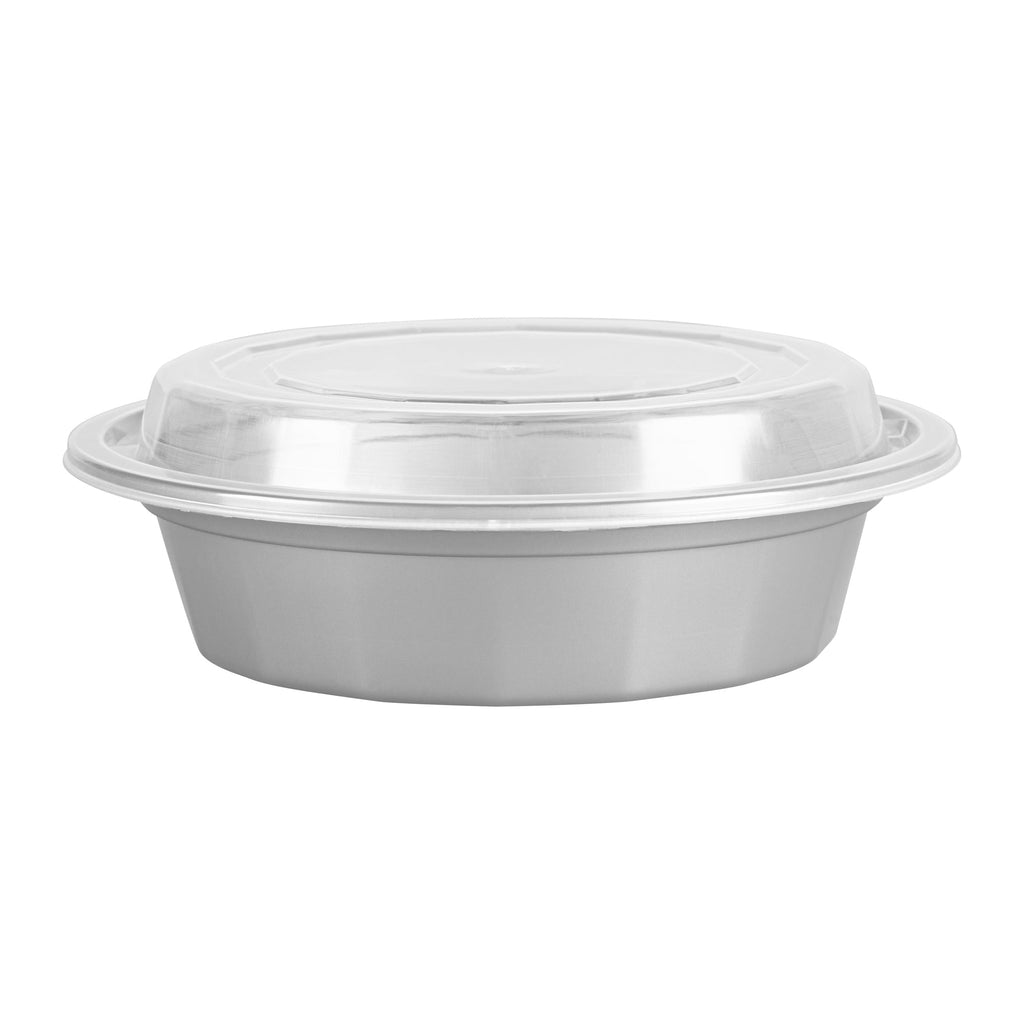Asporto 16 oz Round Silver Plastic To Go Box - with Clear Lid, Microwavable - 6 1/4" x 6 1/4" x 1 3/4" - 100 count box