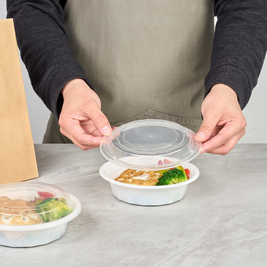 Asporto 16 oz Round White Plastic To Go Box - with Clear Lid, Microwavable - 6 1/4" x 6 1/4" x 1 3/4" - 50 count box