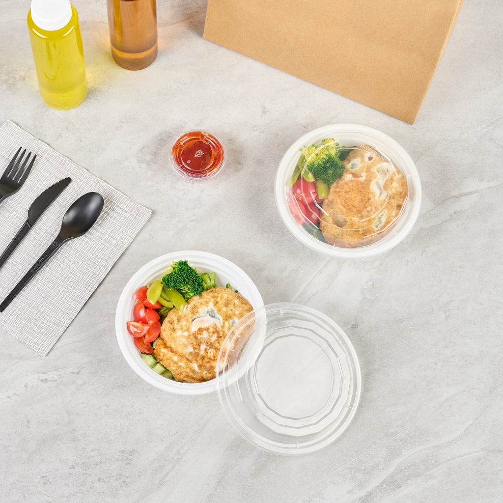 Asporto 16 oz Round White Plastic To Go Box - with Clear Lid, Microwavable - 6 1/4" x 6 1/4" x 1 3/4" - 50 count box
