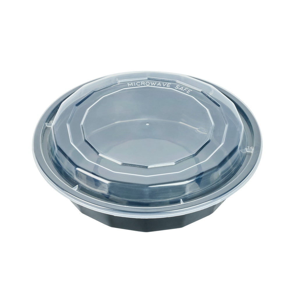 Asporto 24 oz Round Black Plastic To Go Box - with Clear Lid, Microwavable - 7 1/4" x 7 1/4" x 1 1/2" - 50 count box
