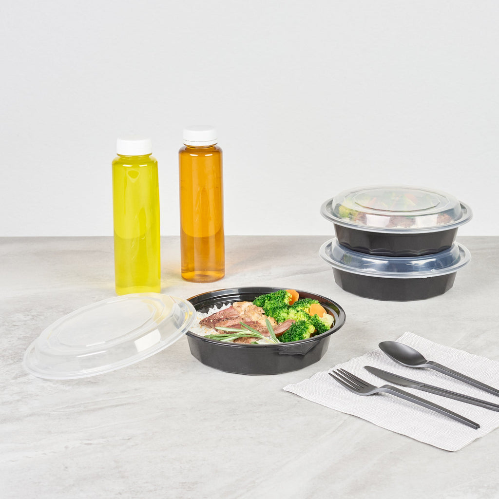 Asporto 24 oz Round Black Plastic To Go Box - with Clear Lid, Microwavable - 7 1/4" x 7 1/4" x 1 1/2" - 50 count box