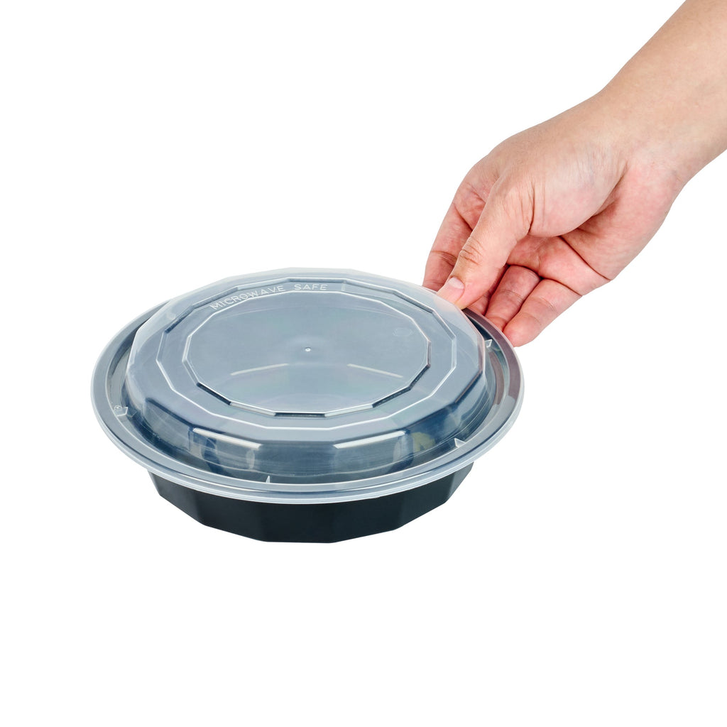 Asporto 24 oz Round Black Plastic To Go Box - with Clear Lid, Microwavable - 7 1/4" x 7 1/4" x 1 1/2" - 50 count box