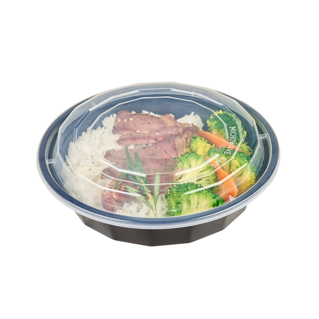 Asporto 24 oz Round Black Plastic To Go Box - with Clear Lid, Microwavable - 7 1/4" x 7 1/4" x 1 1/2" - 50 count box