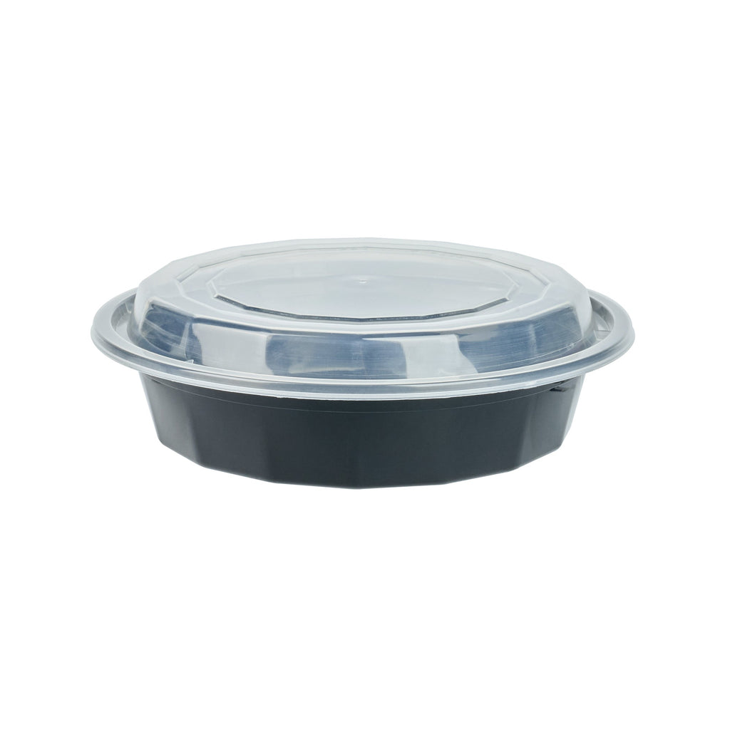 Asporto 24 oz Round Black Plastic To Go Box - with Clear Lid, Microwavable - 7 1/4" x 7 1/4" x 1 1/2" - 50 count box