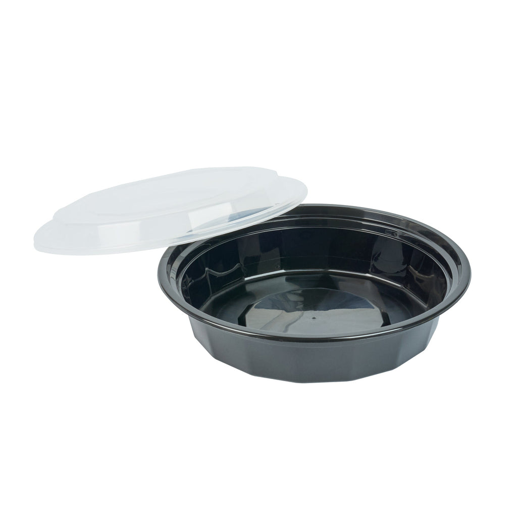 Asporto 24 oz Round Black Plastic To Go Box - with Clear Lid, Microwavable - 7 1/4" x 7 1/4" x 1 1/2" - 50 count box