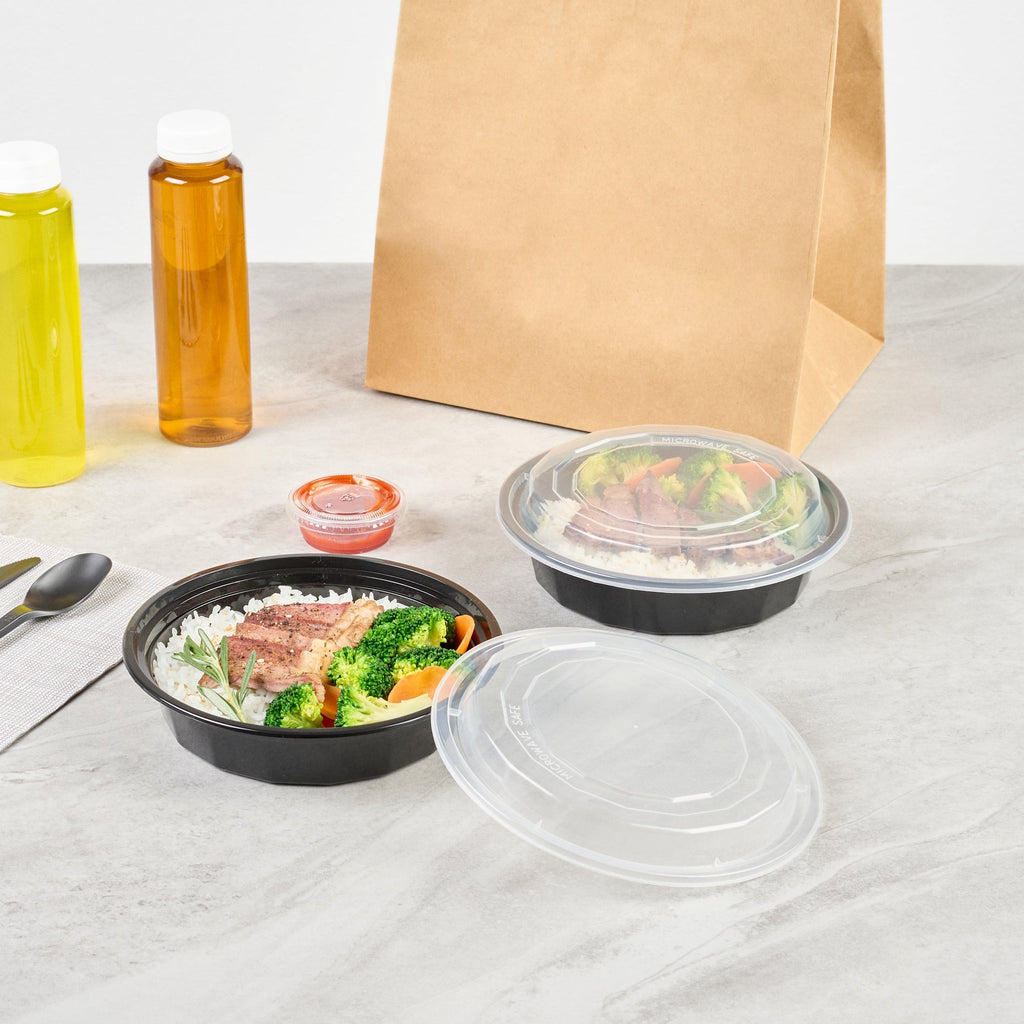 Asporto 24 oz Round Black Plastic To Go Box - with Clear Lid, Microwavable - 7 1/4" x 7 1/4" x 1 1/2" - 50 count box