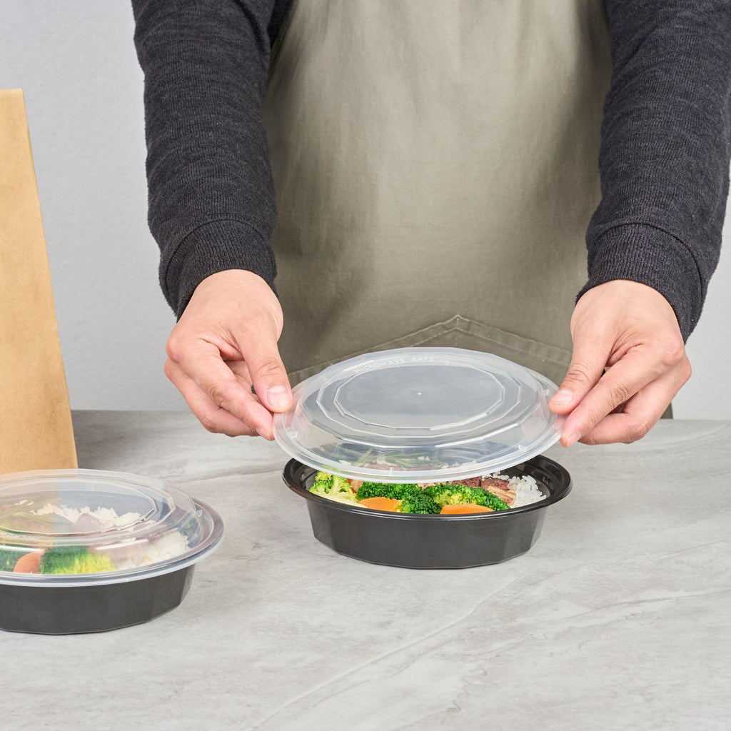 Asporto 24 oz Round Black Plastic To Go Box - with Clear Lid, Microwavable - 7 1/4" x 7 1/4" x 1 1/2" - 50 count box