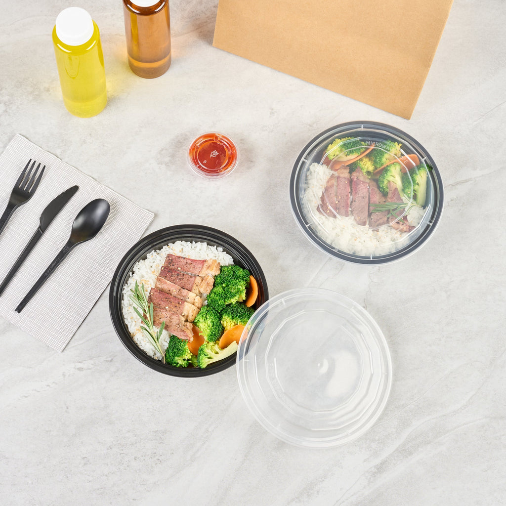 Asporto 24 oz Round Black Plastic To Go Box - with Clear Lid, Microwavable - 7 1/4" x 7 1/4" x 1 1/2" - 50 count box