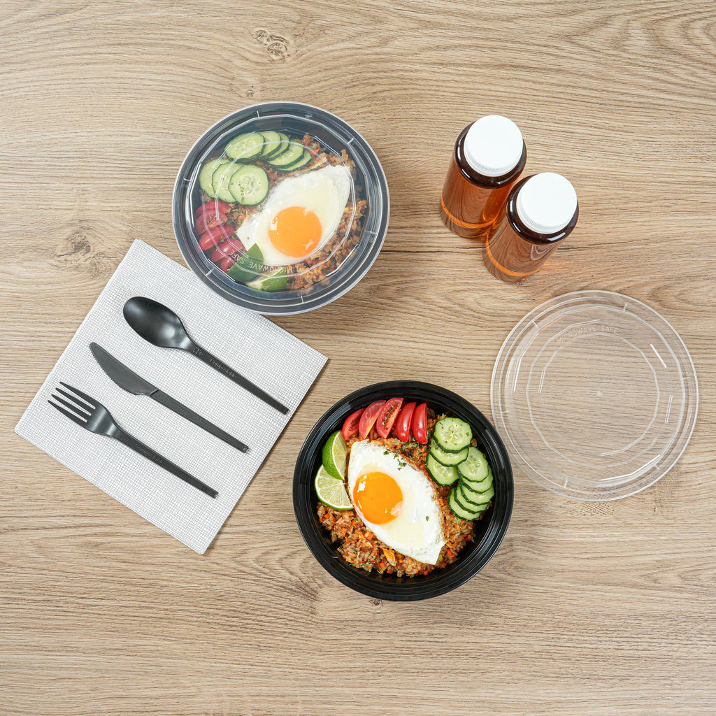 Asporto 24 oz Round Black Plastic To Go Box - with Clear Lid, Microwavable - 7 1/4" x 7 1/4" x 1 1/2" - 50 count box