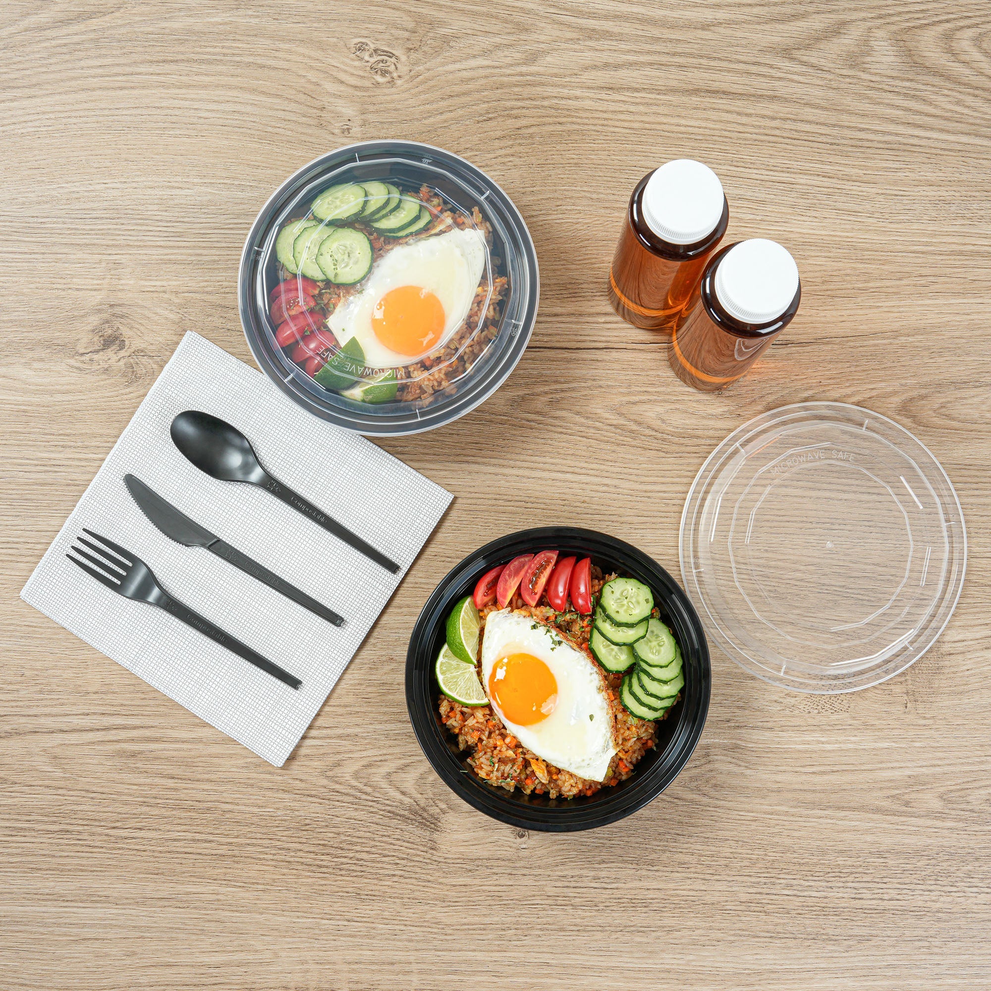 Asporto 24 oz Round Black Plastic To Go Box - with Clear Lid, Microwavable - 7 1/4" x 7 1/4" x 1 1/2" - 50 count box