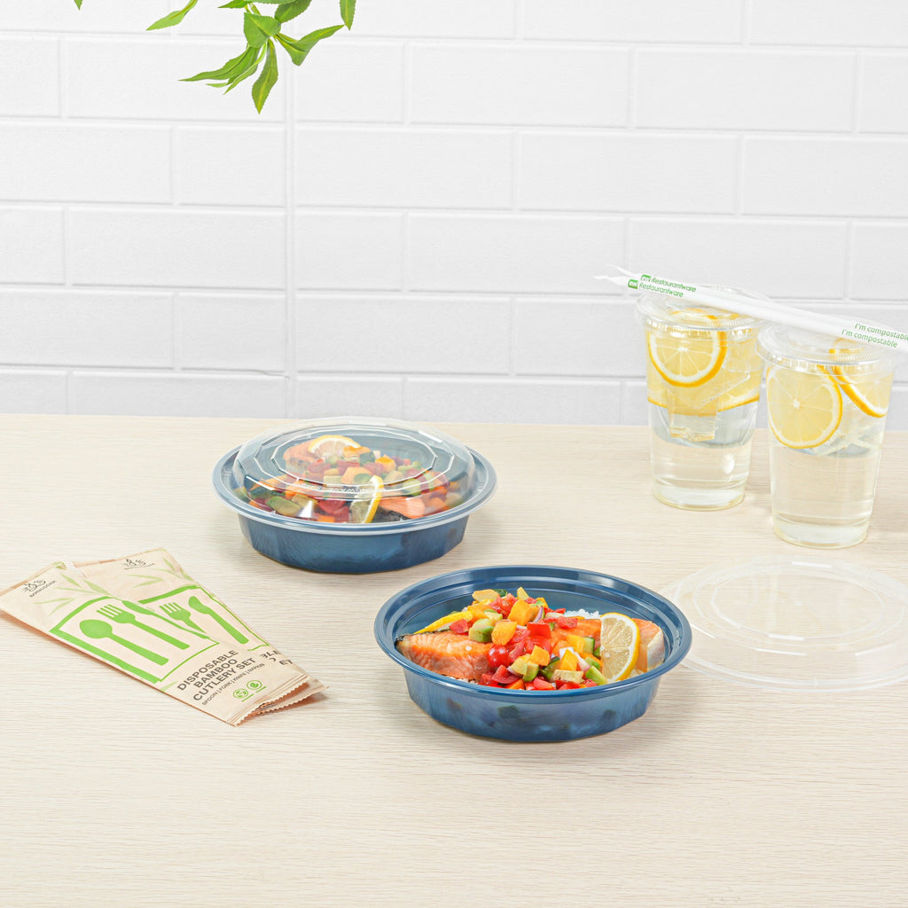 Asporto 24 oz Round Midnight Blue Plastic To Go Box - with Clear Lid, Microwavable - 7 1/4" x 7 1/4" x 1 1/2" - 100 count box