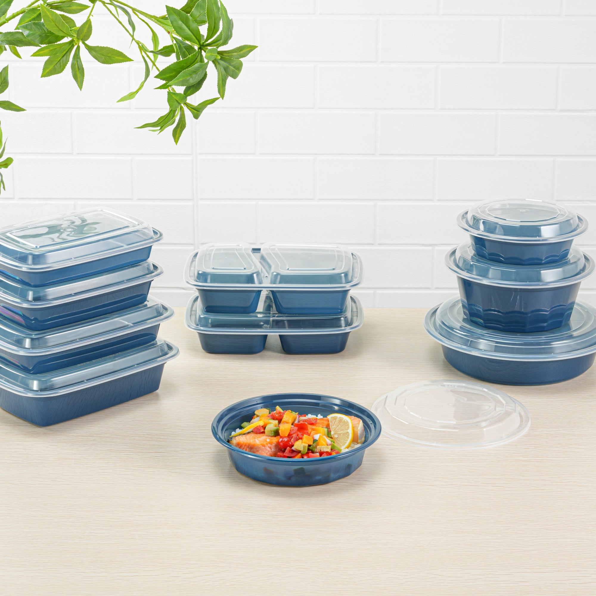 Asporto 24 oz Round Midnight Blue Plastic To Go Box - with Clear Lid, Microwavable - 7 1/4" x 7 1/4" x 1 1/2" - 100 count box