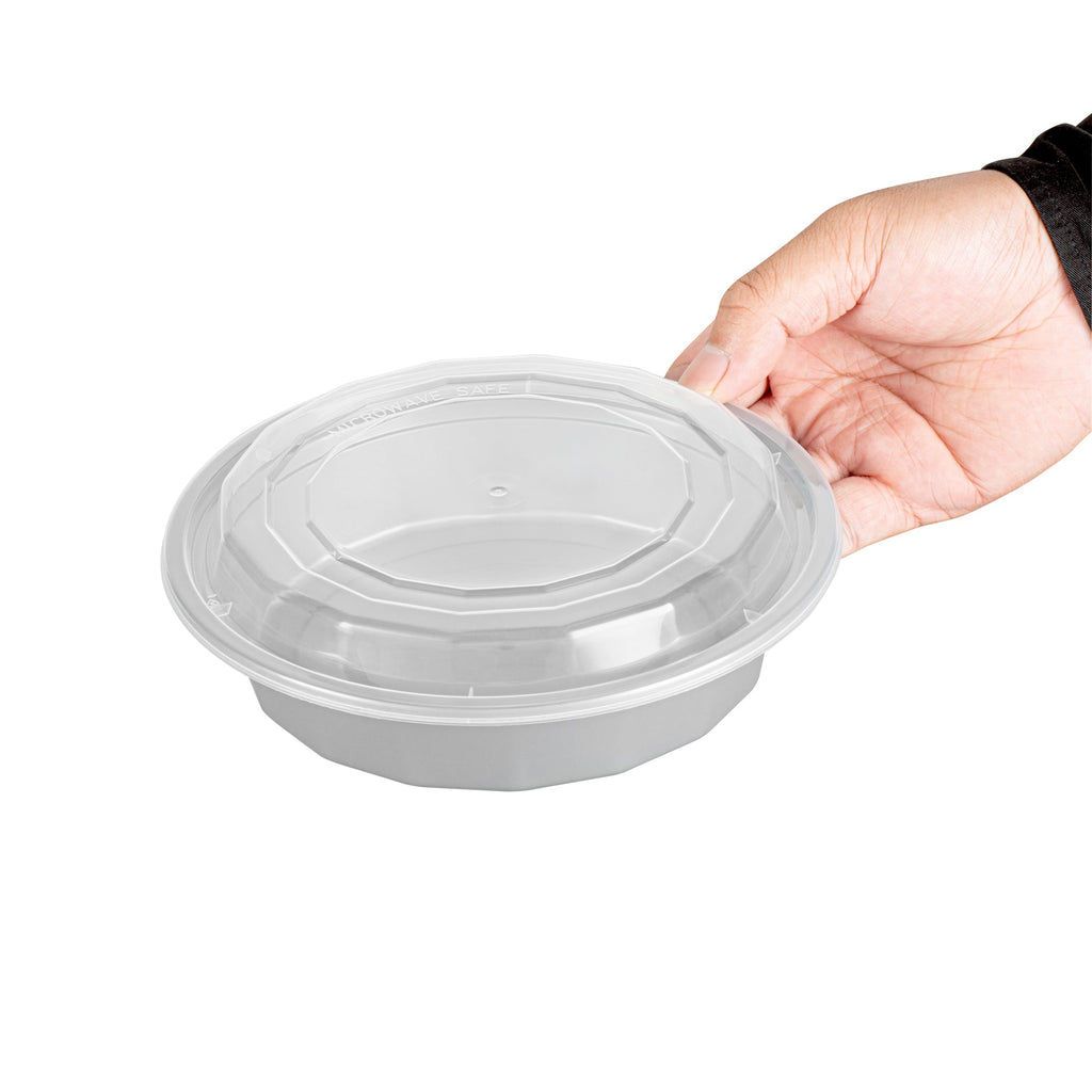 Asporto 24 oz Round Silver Plastic To Go Box - with Clear Lid, Microwavable - 7 1/4" x 7 1/4" x 1 1/2" - 100 count box