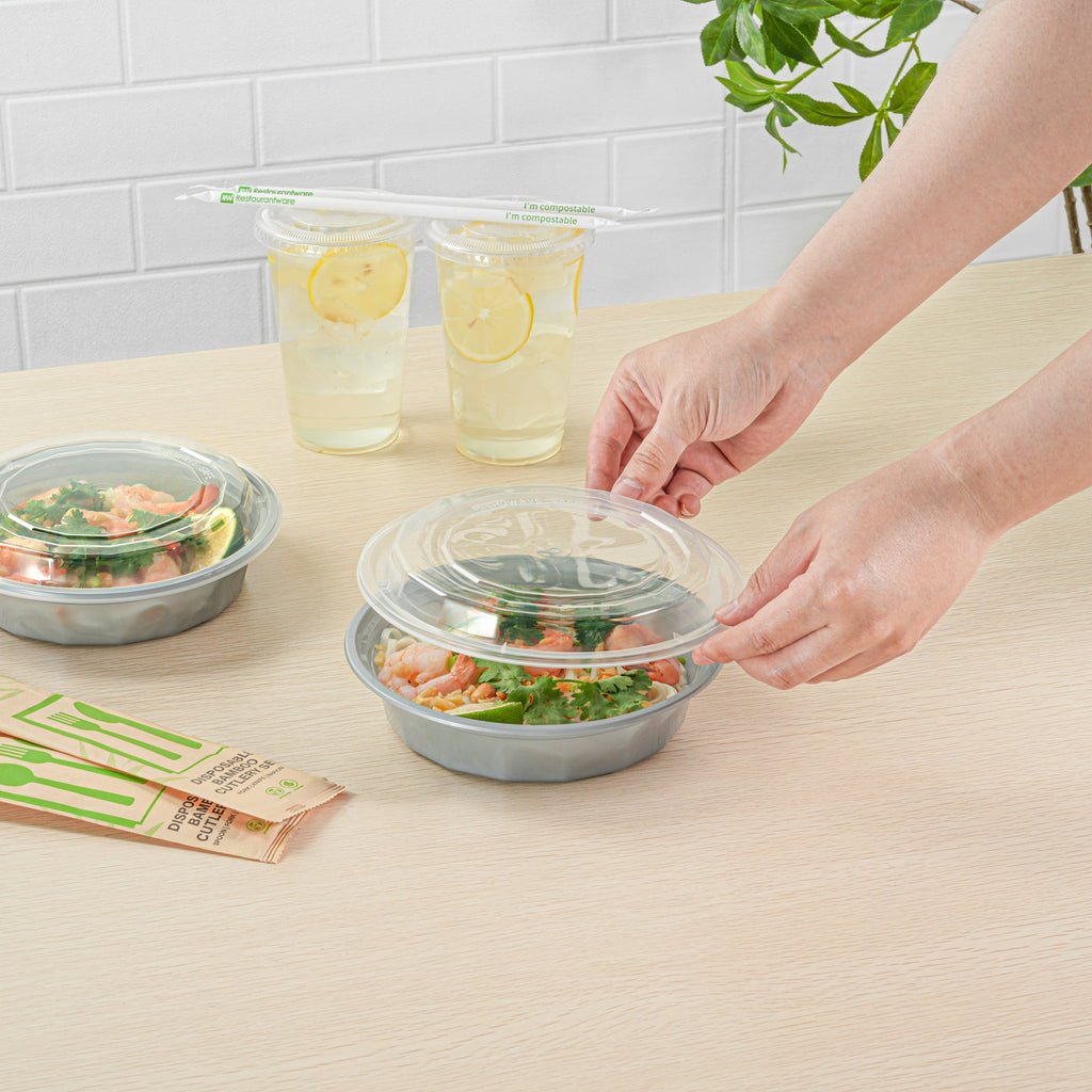 Asporto 24 oz Round Silver Plastic To Go Box - with Clear Lid, Microwavable - 7 1/4" x 7 1/4" x 1 1/2" - 100 count box
