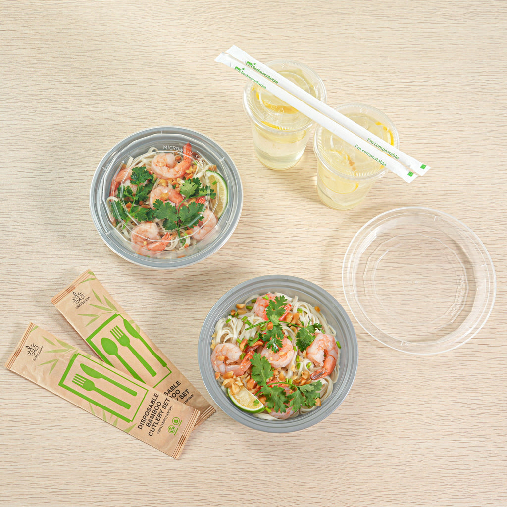 Asporto 24 oz Round Silver Plastic To Go Box - with Clear Lid, Microwavable - 7 1/4" x 7 1/4" x 1 1/2" - 100 count box