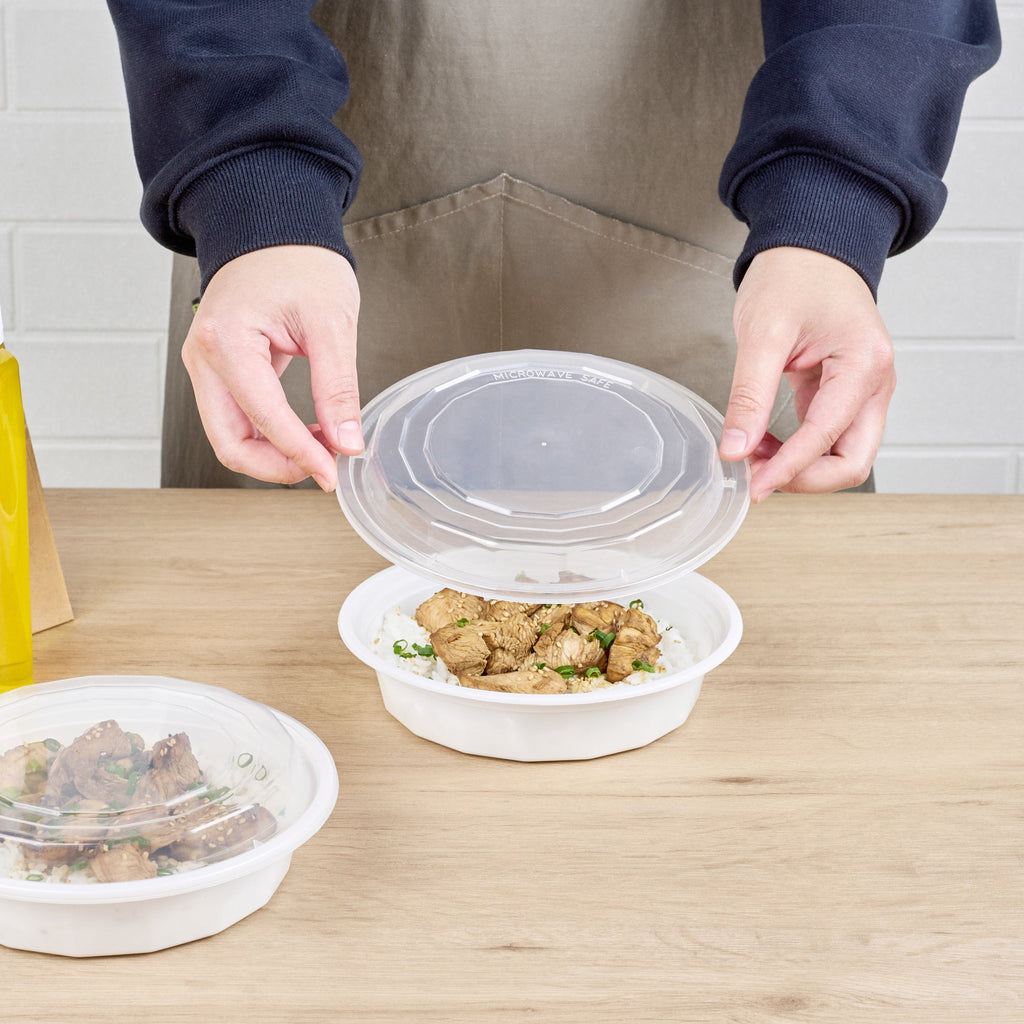 Asporto 24 oz Round White Plastic To Go Box - with Clear Lid, Microwavable - 7 1/4" x 7 1/4" x 1 1/2" - 100 count box