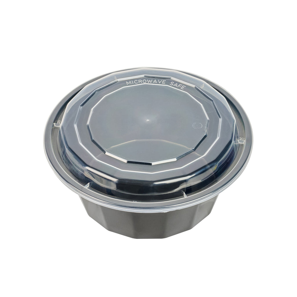 Asporto 32 oz Round Black Plastic To Go Box - with Clear Lid, Microwavable - 7 1/4" x 7 1/4" x 3" - 100 count box