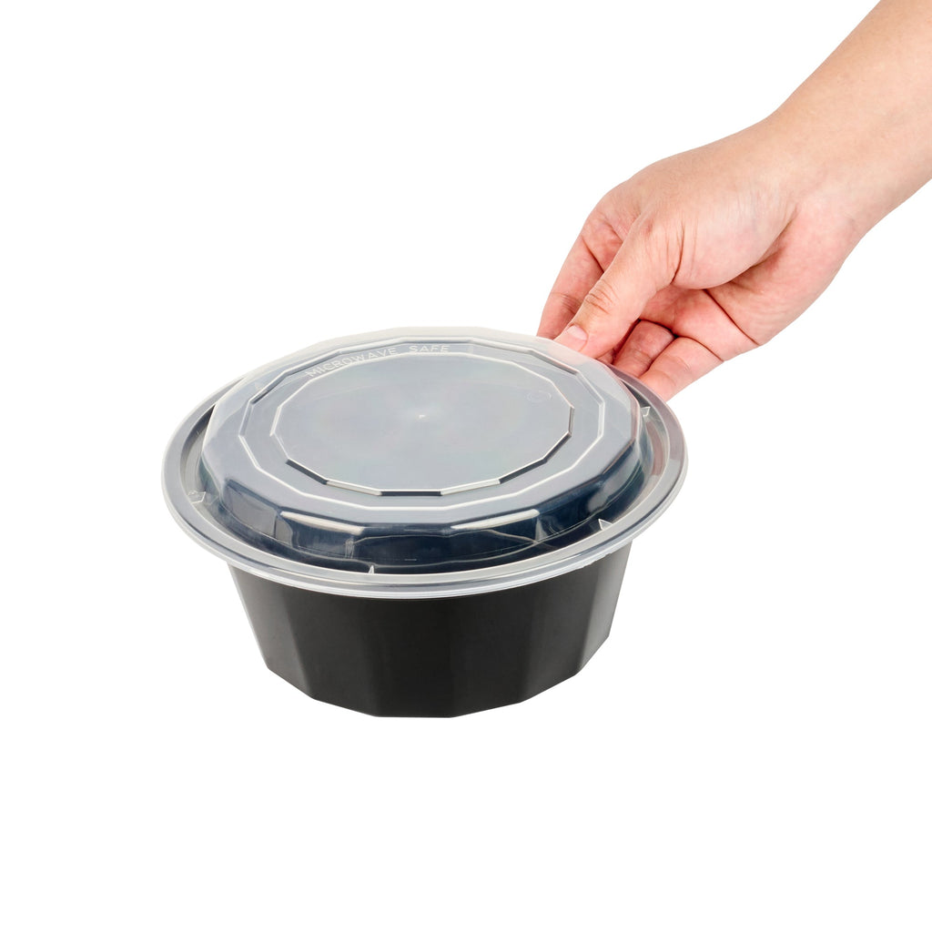 Asporto 32 oz Round Black Plastic To Go Box - with Clear Lid, Microwavable - 7 1/4" x 7 1/4" x 3" - 50 count box