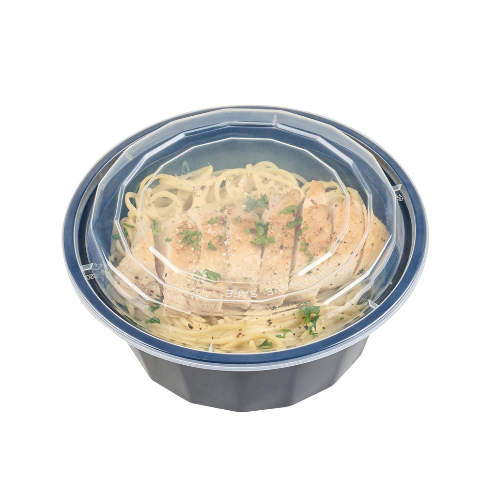 Asporto 32 oz Round Black Plastic To Go Box - with Clear Lid, Microwavable - 7 1/4" x 7 1/4" x 3" - 50 count box