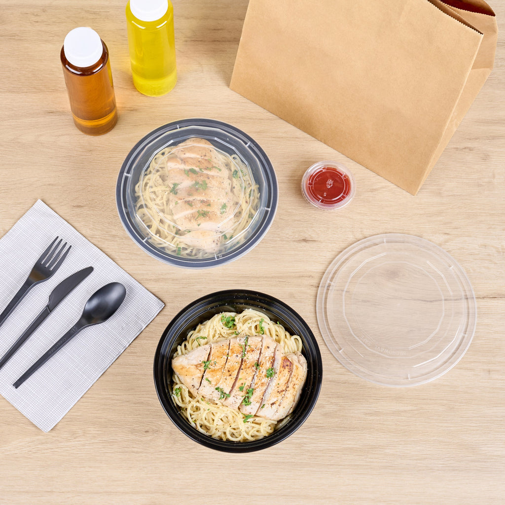 Asporto 32 oz Round Black Plastic To Go Box - with Clear Lid, Microwavable - 7 1/4" x 7 1/4" x 3" - 100 count box