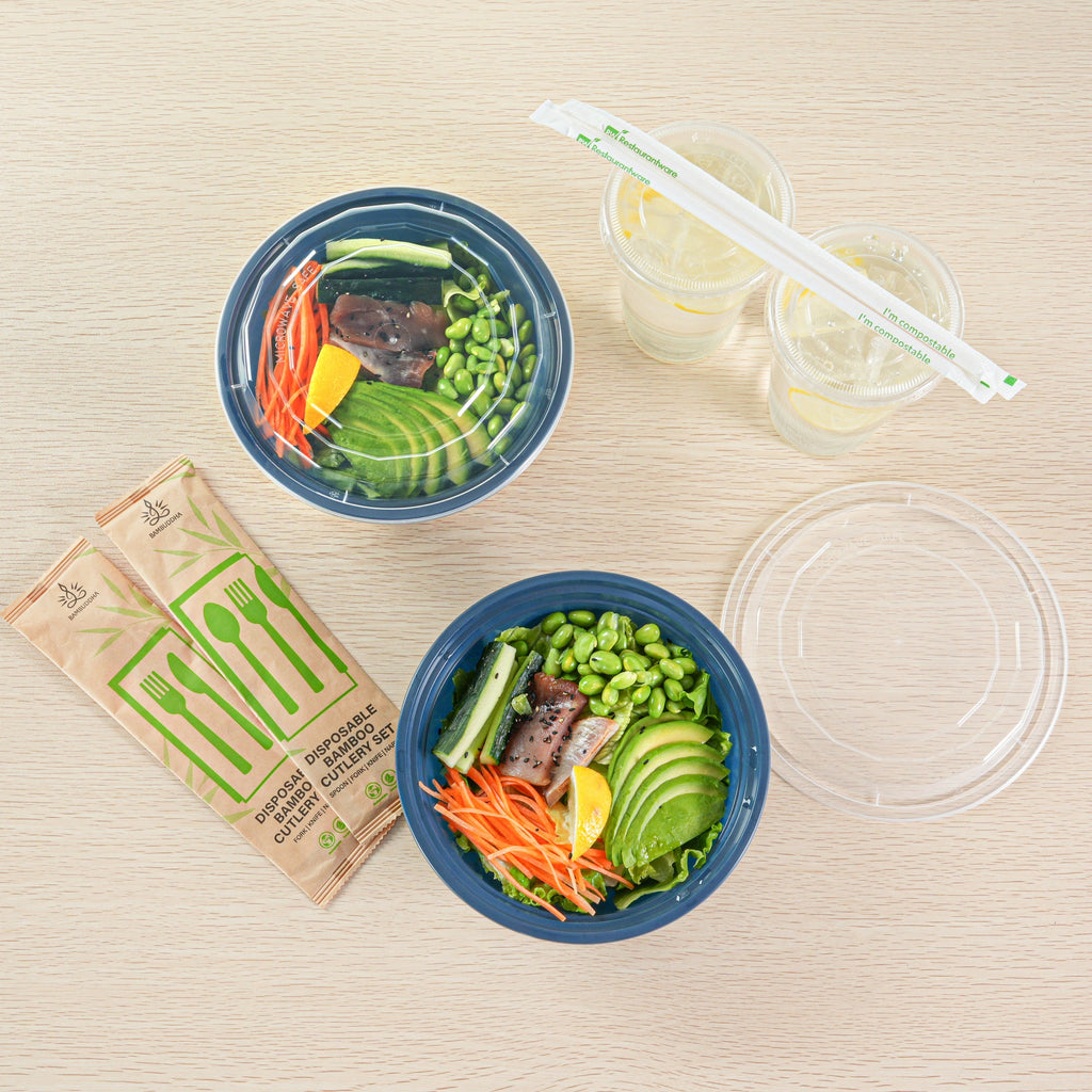 Asporto 32 oz Round Midnight Blue Plastic To Go Box - with Clear Lid, Microwavable - 7 1/4" x 7 1/4" x 3" - 100 count box