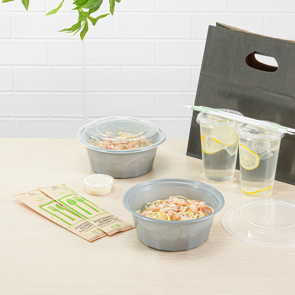 Asporto 32 oz Round Silver Plastic To Go Box - with Clear Lid, Microwavable - 7 1/4" x 7 1/4" x 3" - 100 count box
