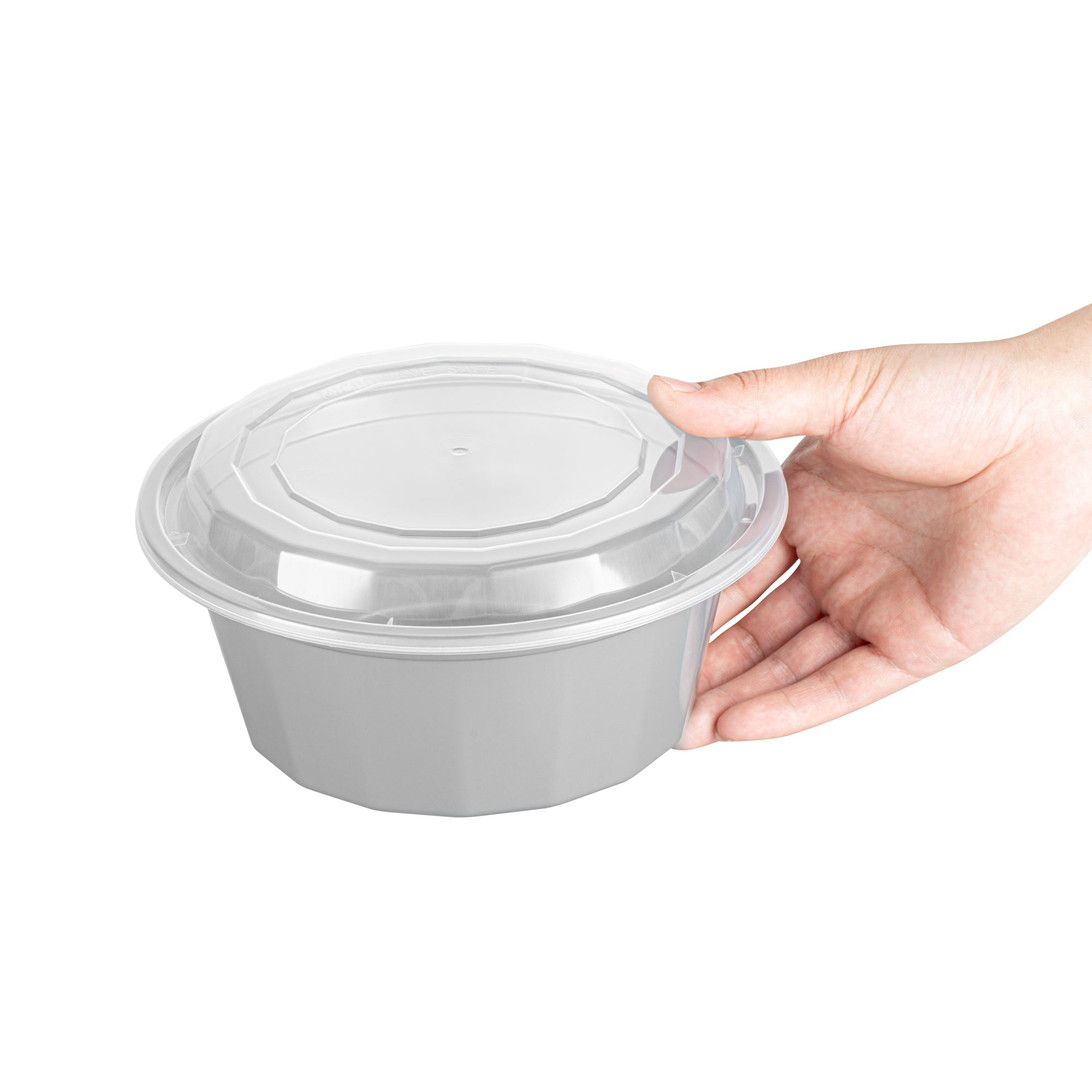 Asporto 32 oz Round Silver Plastic To Go Box - with Clear Lid, Microwavable - 7 1/4" x 7 1/4" x 3" - 100 count box