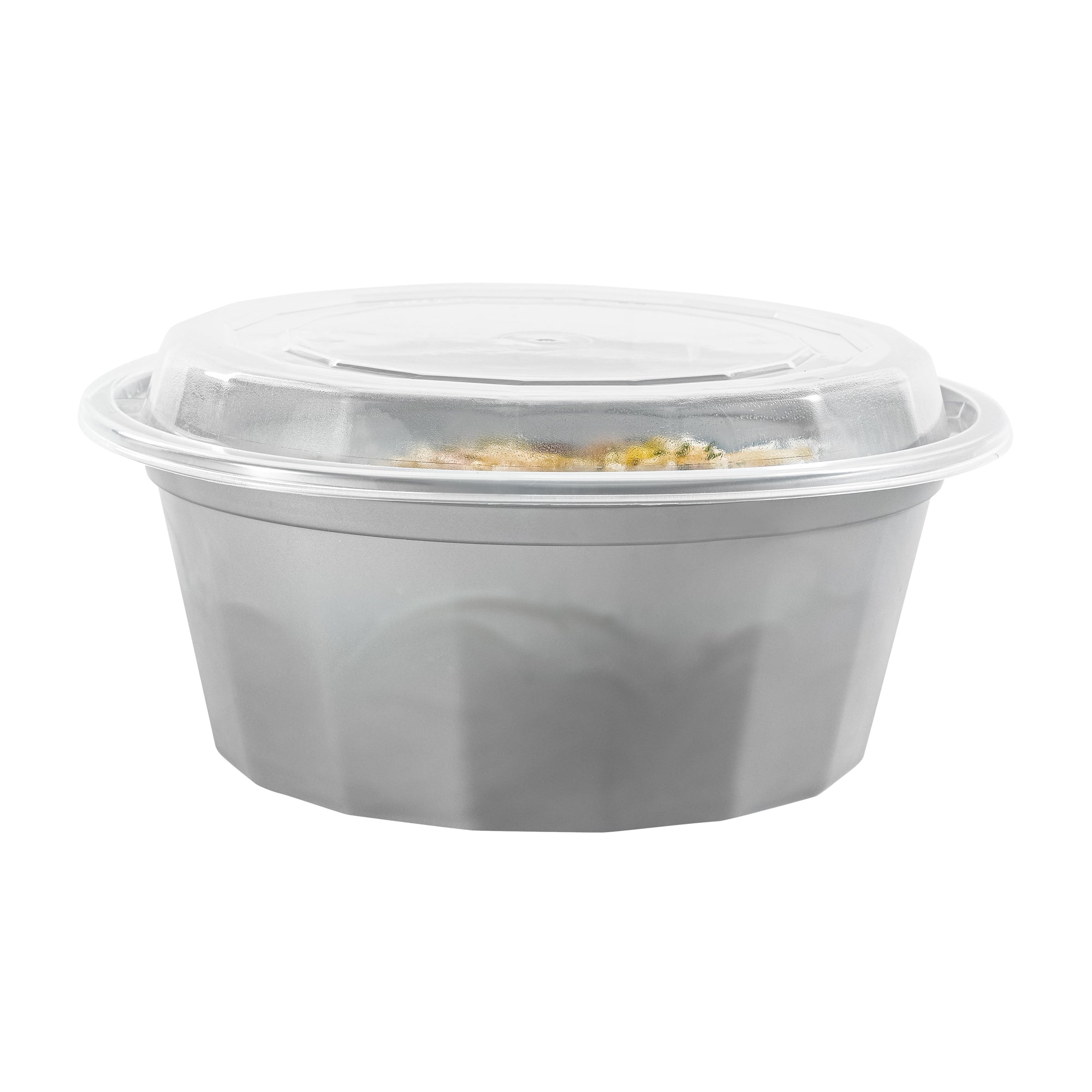 Asporto 32 oz Round Silver Plastic To Go Box - with Clear Lid, Microwavable - 7 1/4" x 7 1/4" x 3" - 100 count box
