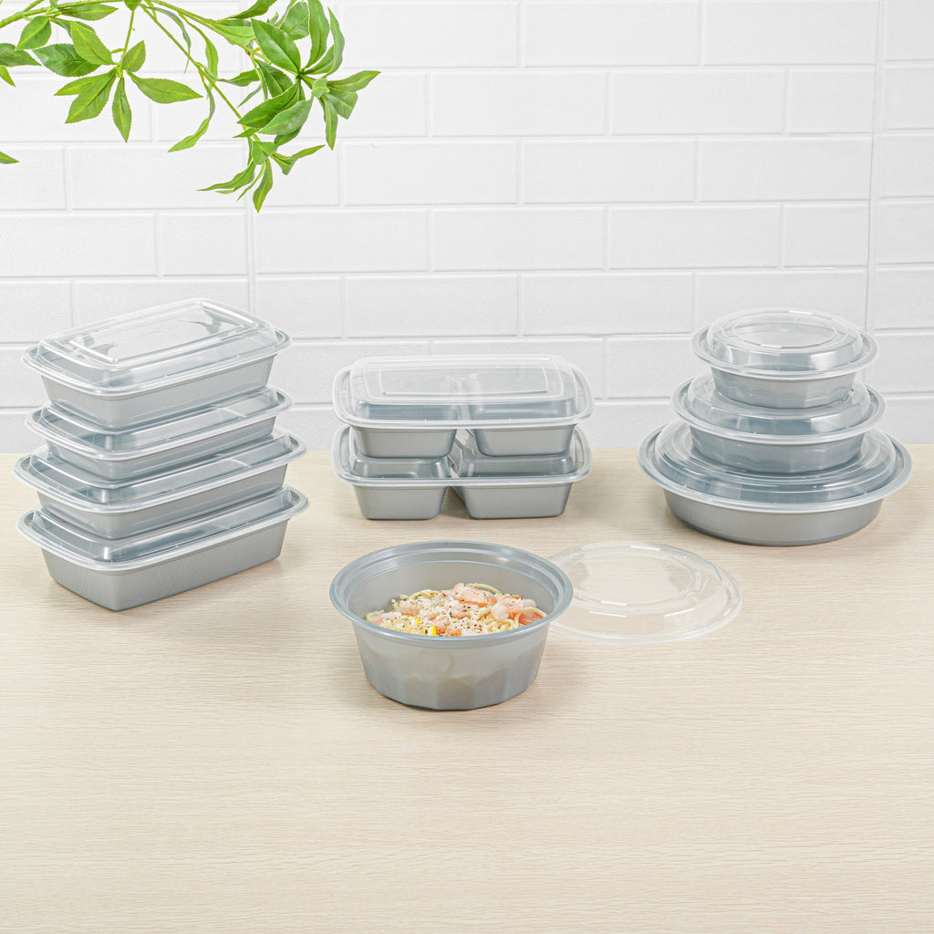 Asporto 32 oz Round Silver Plastic To Go Box - with Clear Lid, Microwavable - 7 1/4" x 7 1/4" x 3" - 100 count box