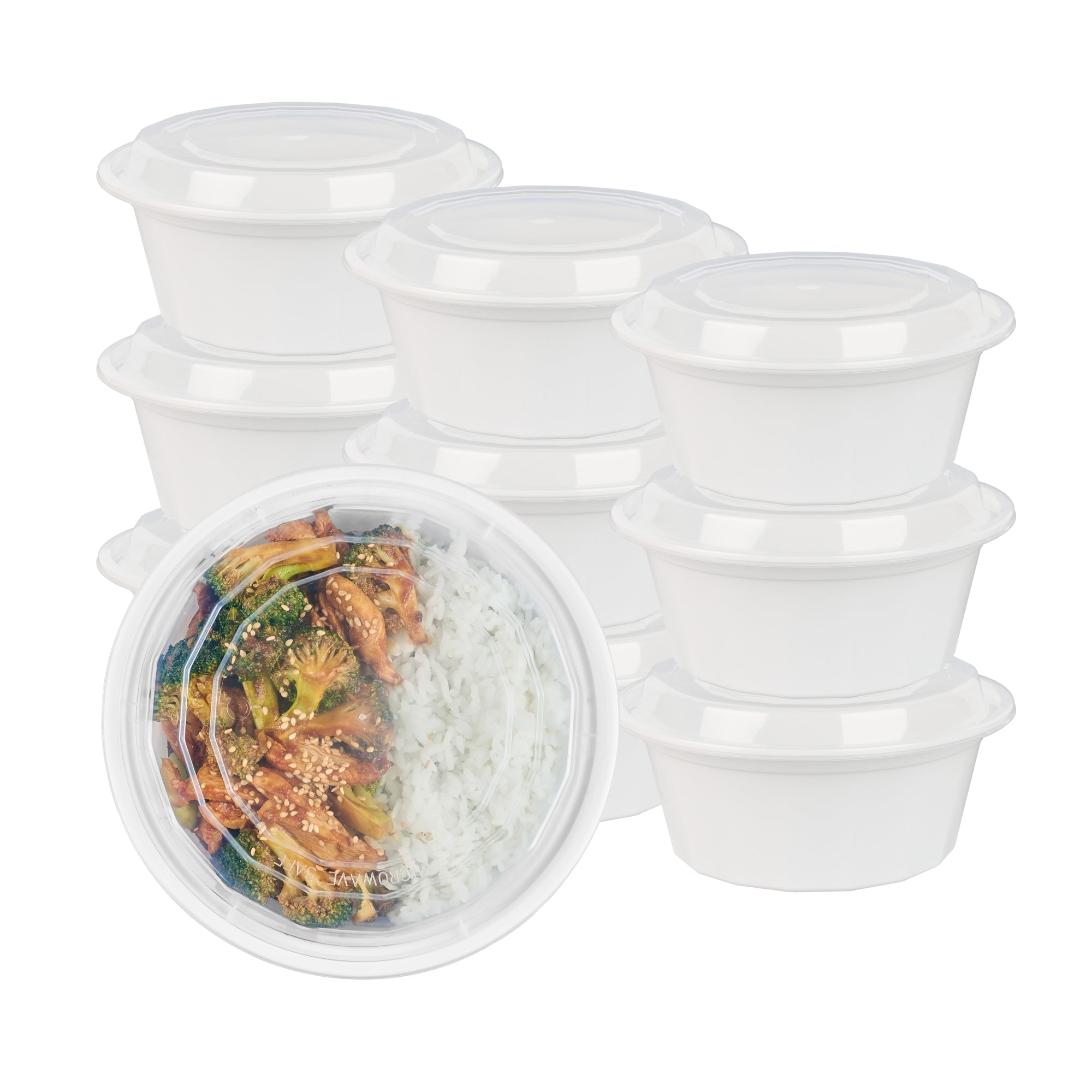Asporto 32 oz Round White Plastic To Go Box - with Clear Lid, Microwavable - 7 1/4" x 7 1/4" x 3" - 50 count box