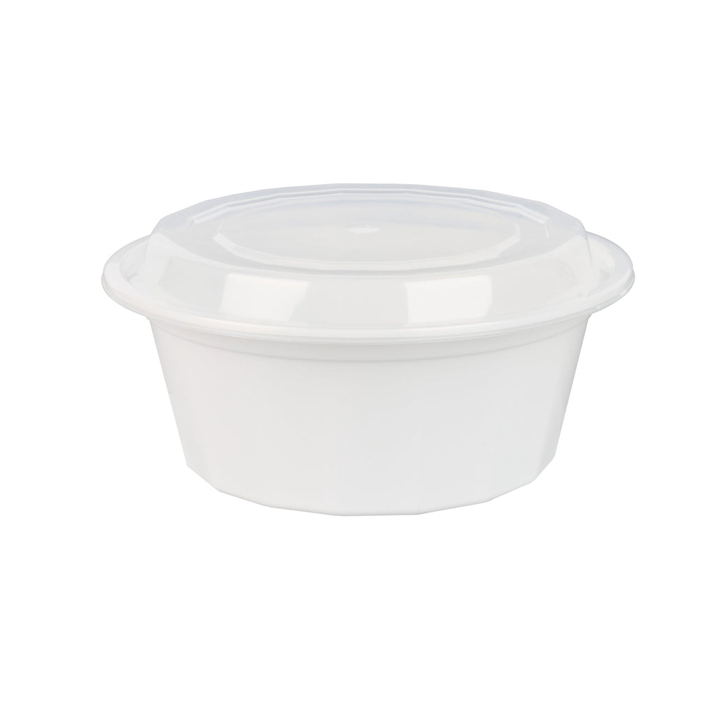 Asporto 32 oz Round White Plastic To Go Box - with Clear Lid, Microwavable - 7 1/4" x 7 1/4" x 3" - 50 count box