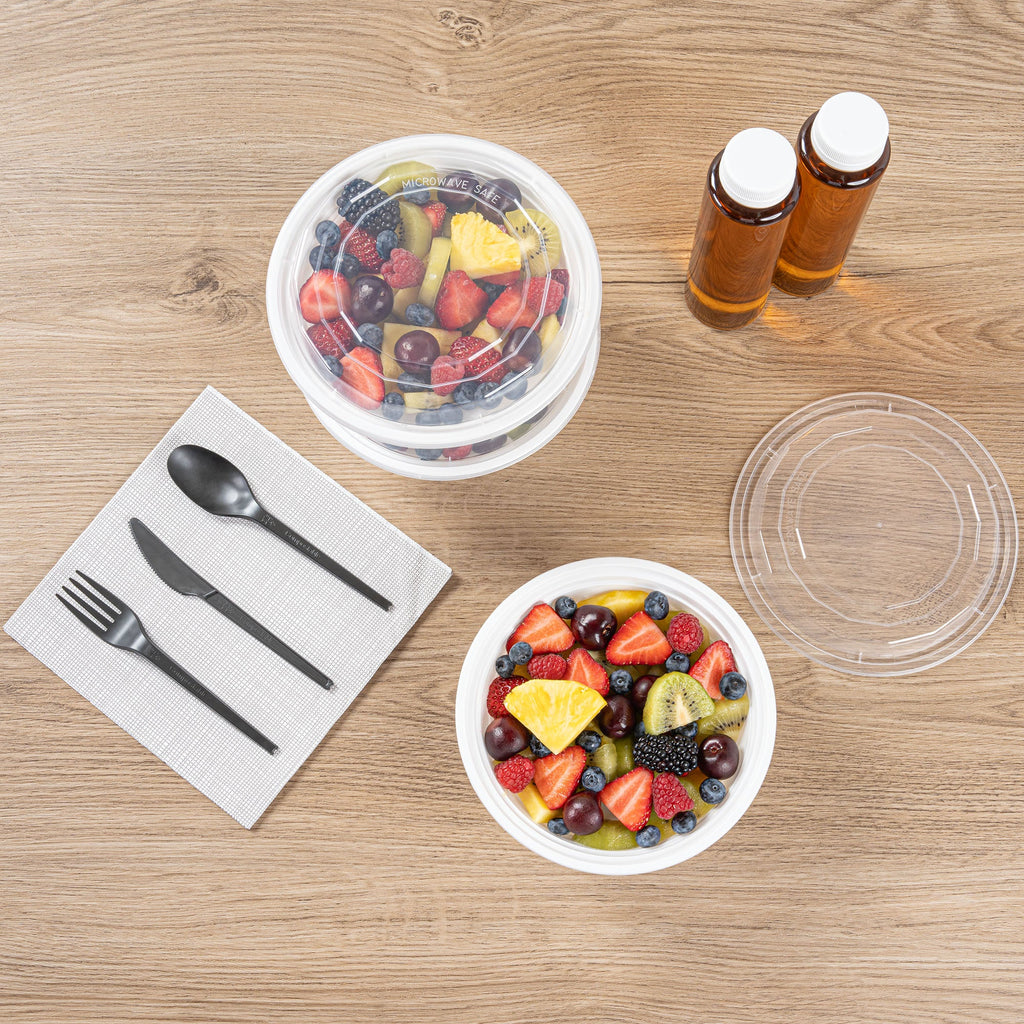 Asporto 32 oz Round White Plastic To Go Box - with Clear Lid, Microwavable - 7 1/4" x 7 1/4" x 3" - 50 count box