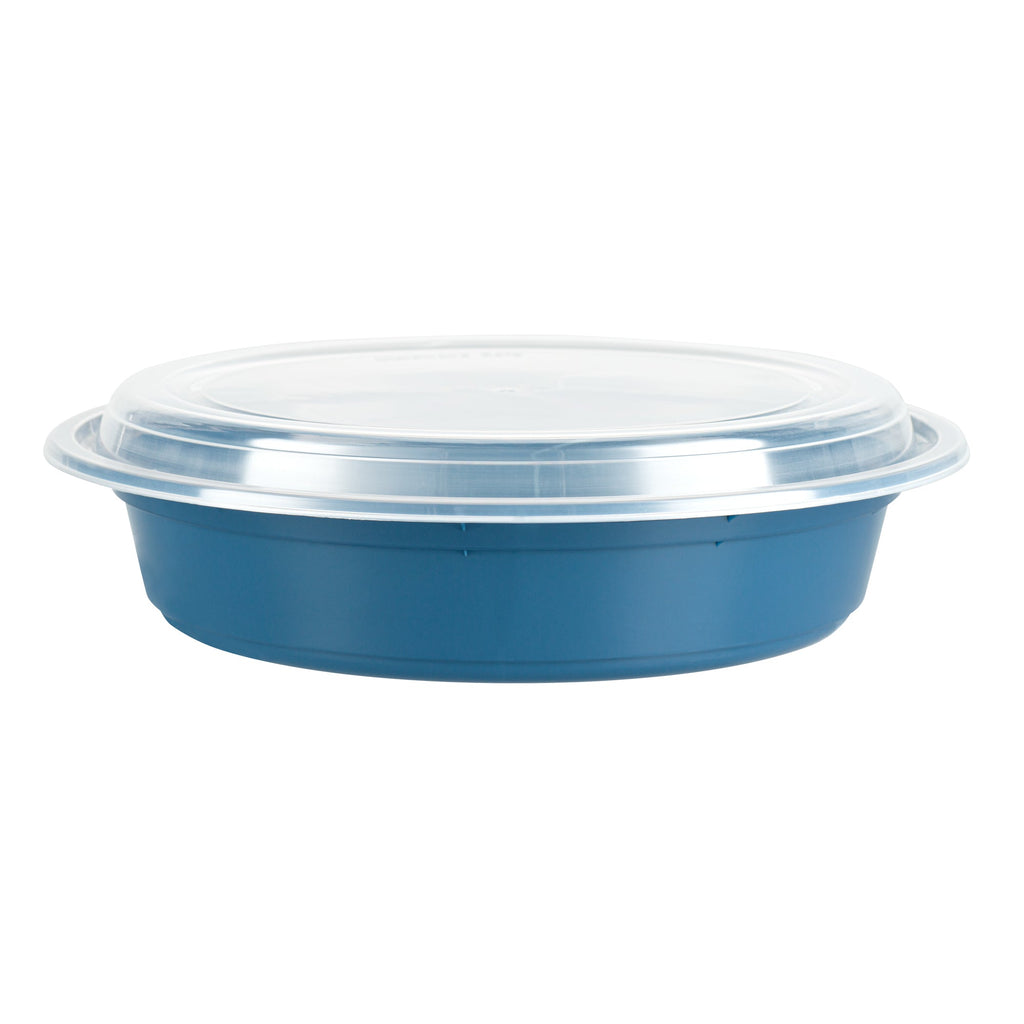 Asporto 48 oz Round Midnight Blue Plastic To Go Box - with Clear Lid, Microwavable - 9" x 9" x 1 3/4" - 100 count box