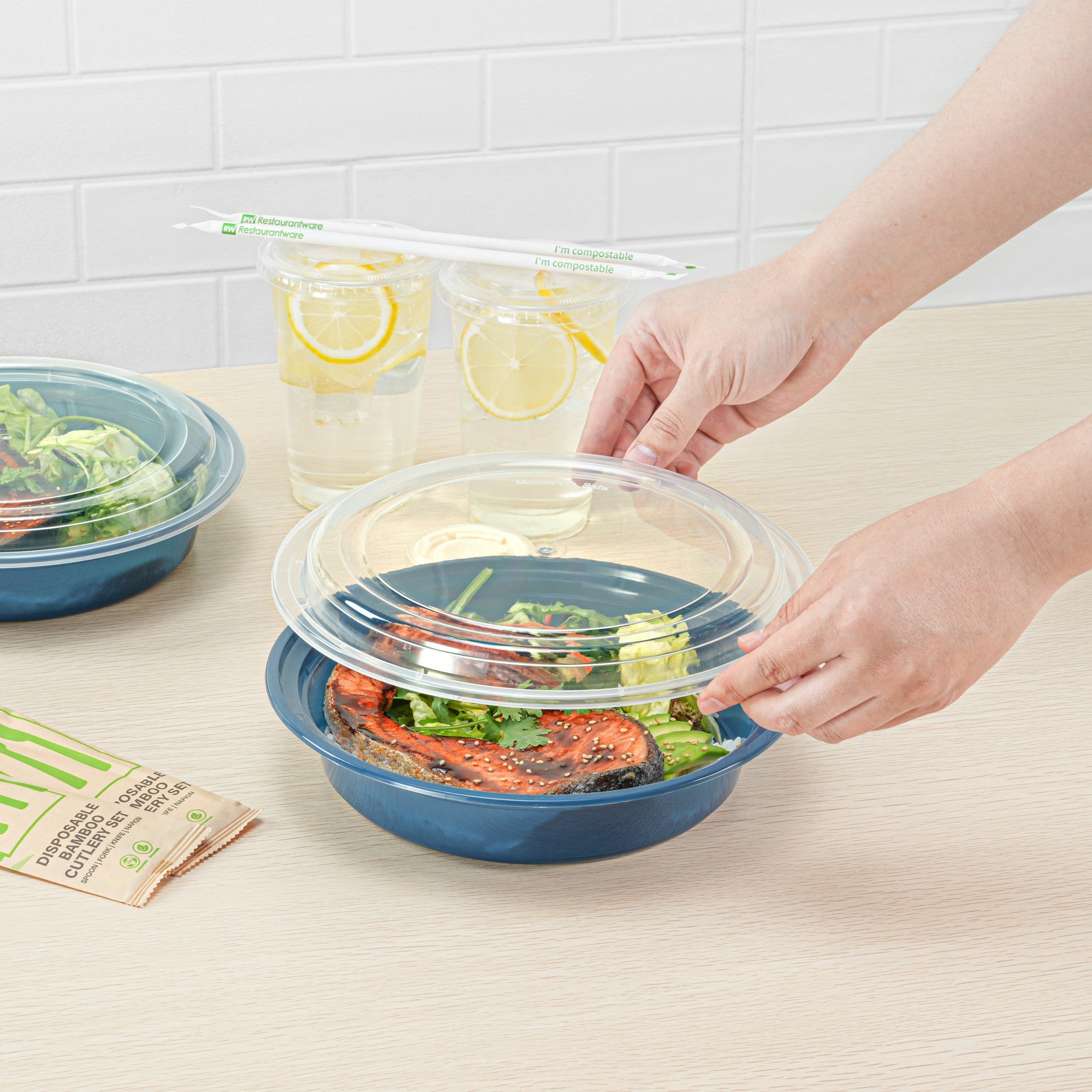 Asporto 48 oz Round Midnight Blue Plastic To Go Box - with Clear Lid, Microwavable - 9" x 9" x 1 3/4" - 100 count box