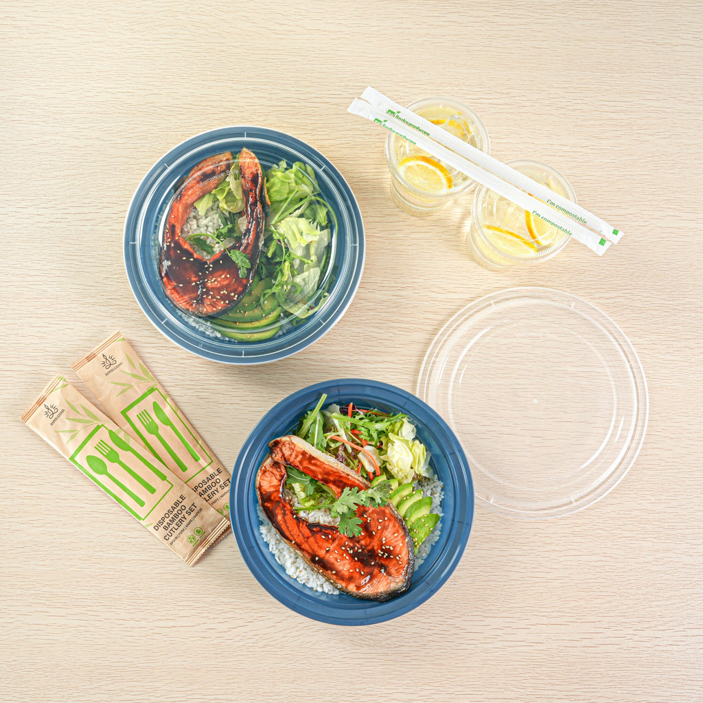 Asporto 48 oz Round Midnight Blue Plastic To Go Box - with Clear Lid, Microwavable - 9" x 9" x 1 3/4" - 100 count box