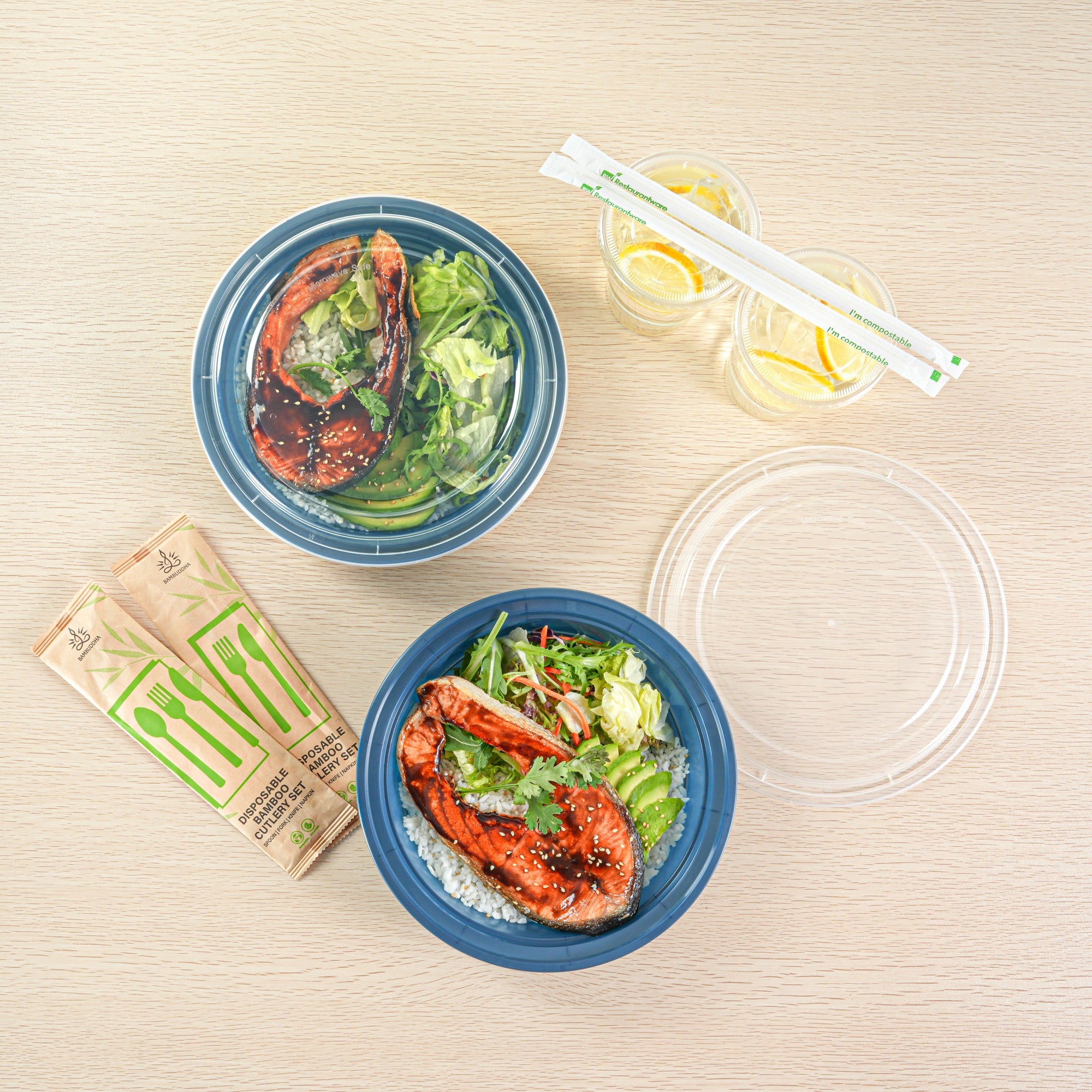 Asporto 48 oz Round Midnight Blue Plastic To Go Box - with Clear Lid, Microwavable - 9" x 9" x 1 3/4" - 100 count box