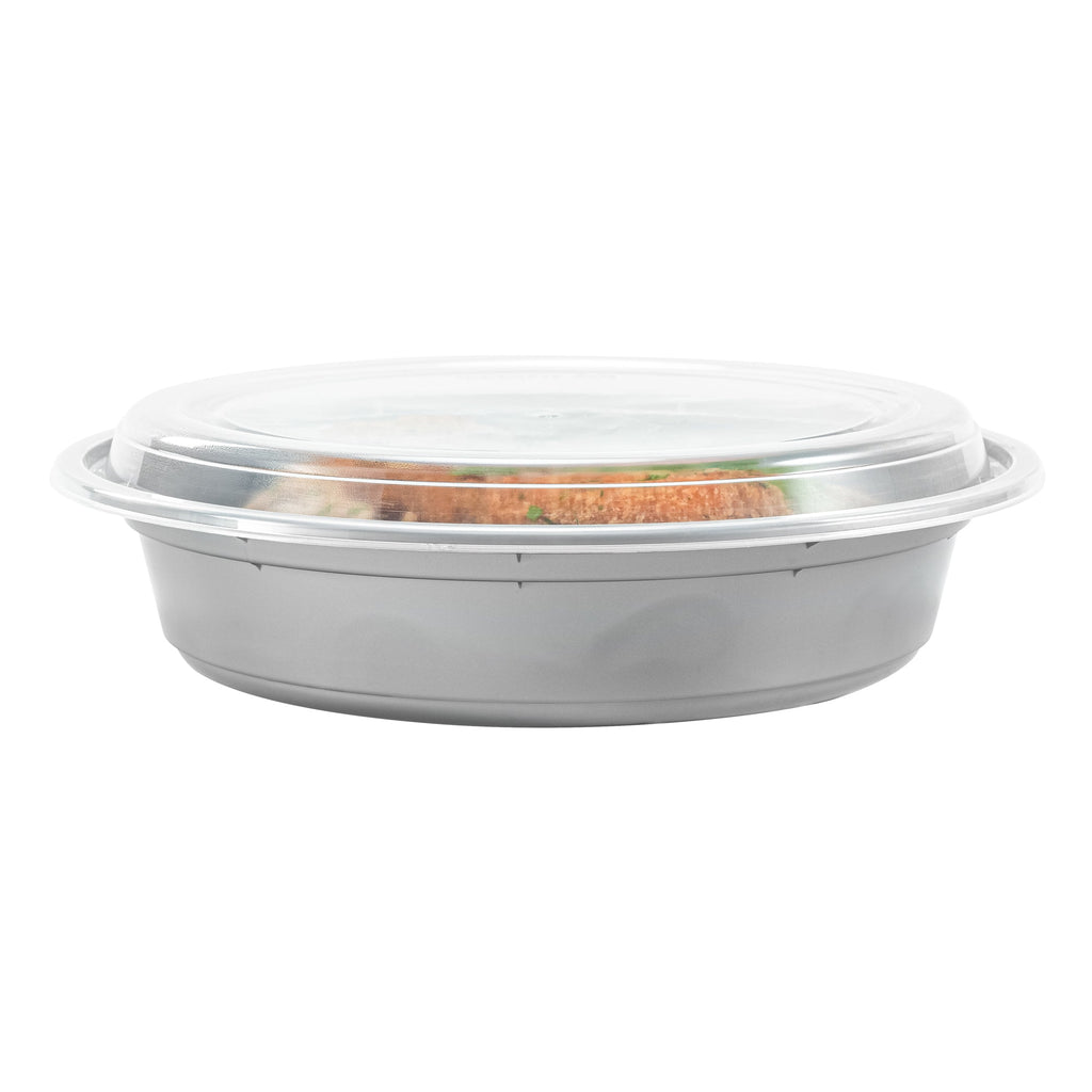 Asporto 48 oz Round Silver Plastic To Go Box - with Clear Lid, Microwavable - 9" x 9" x 1 3/4" - 100 count box