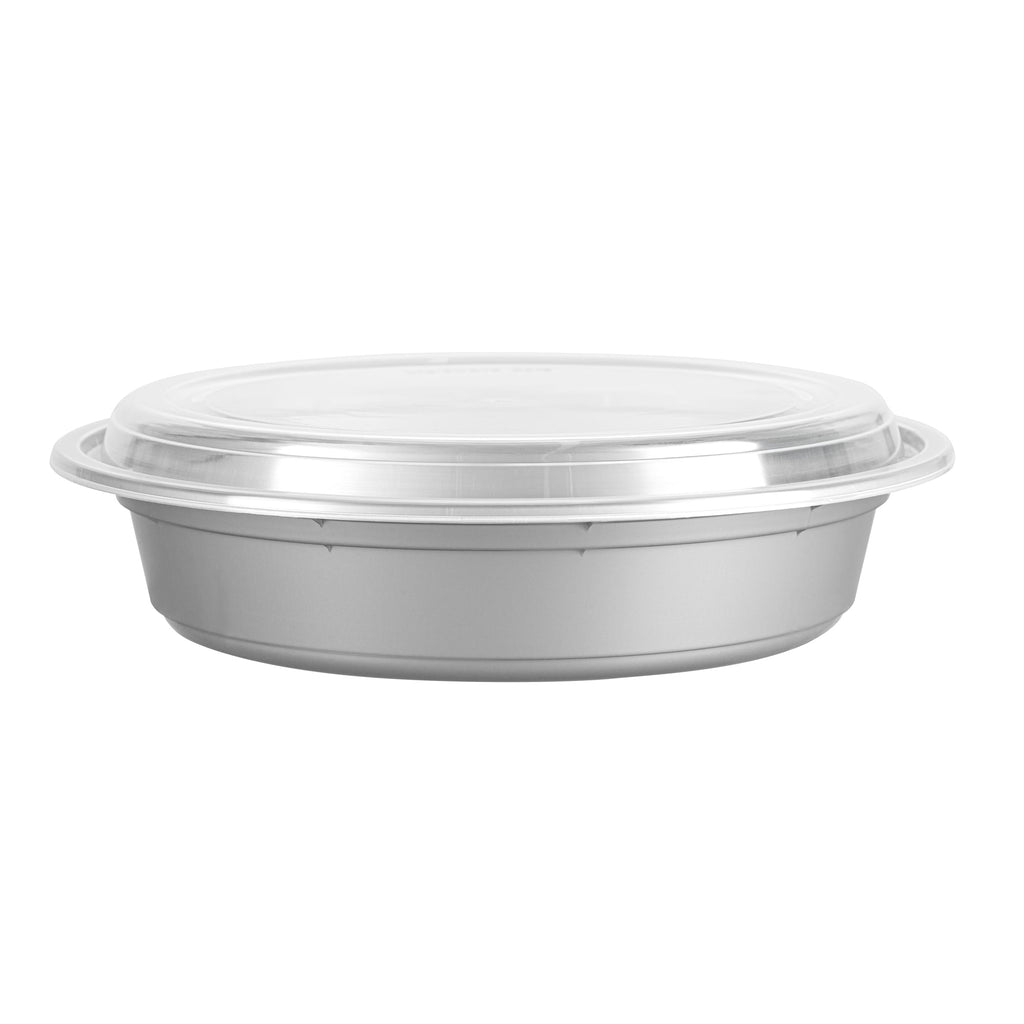 Asporto 48 oz Round Silver Plastic To Go Box - with Clear Lid, Microwavable - 9" x 9" x 1 3/4" - 100 count box