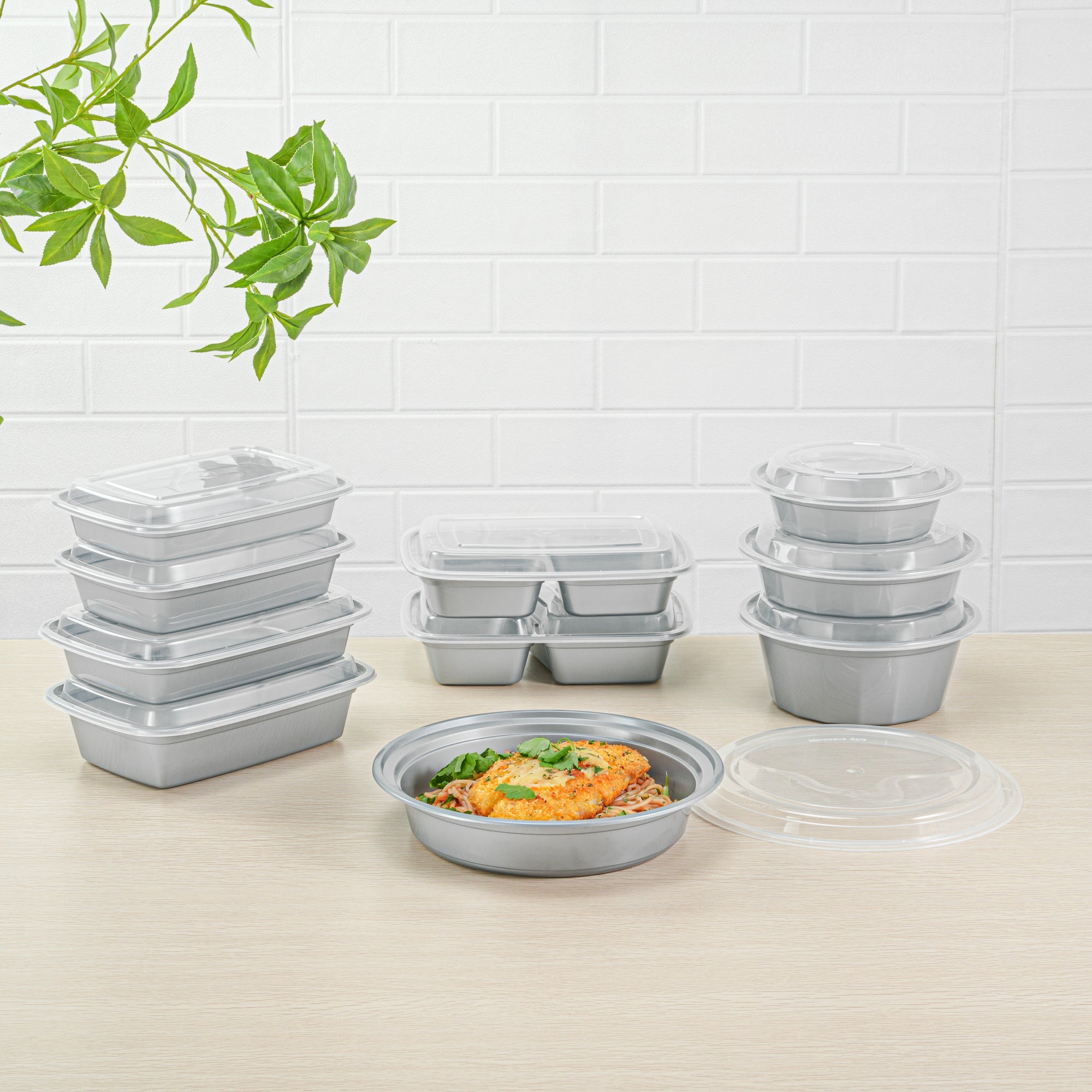 Asporto 48 oz Round Silver Plastic To Go Box - with Clear Lid, Microwavable - 9" x 9" x 1 3/4" - 100 count box