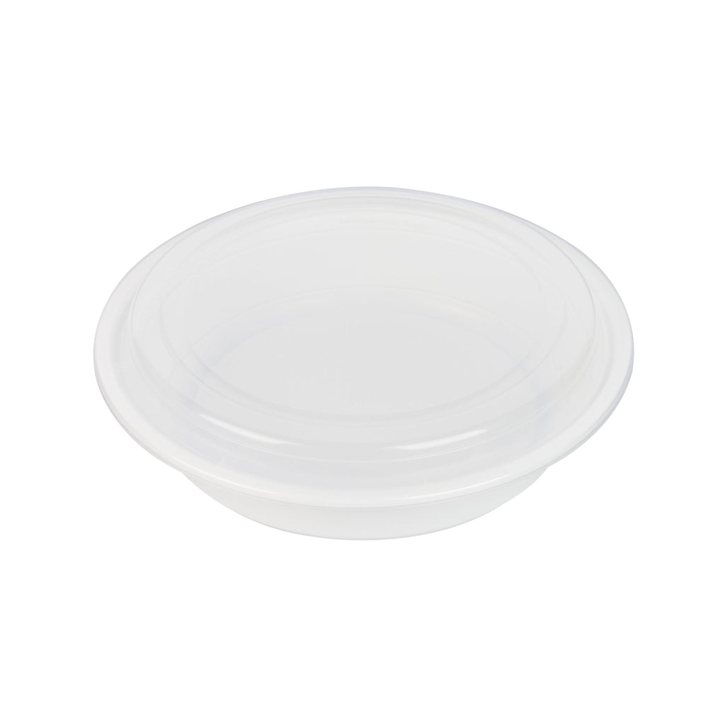 Asporto 48 oz Round White Plastic To Go Box - with Clear Lid, Microwavable - 9" x 9" x 1 3/4" - 100 count box