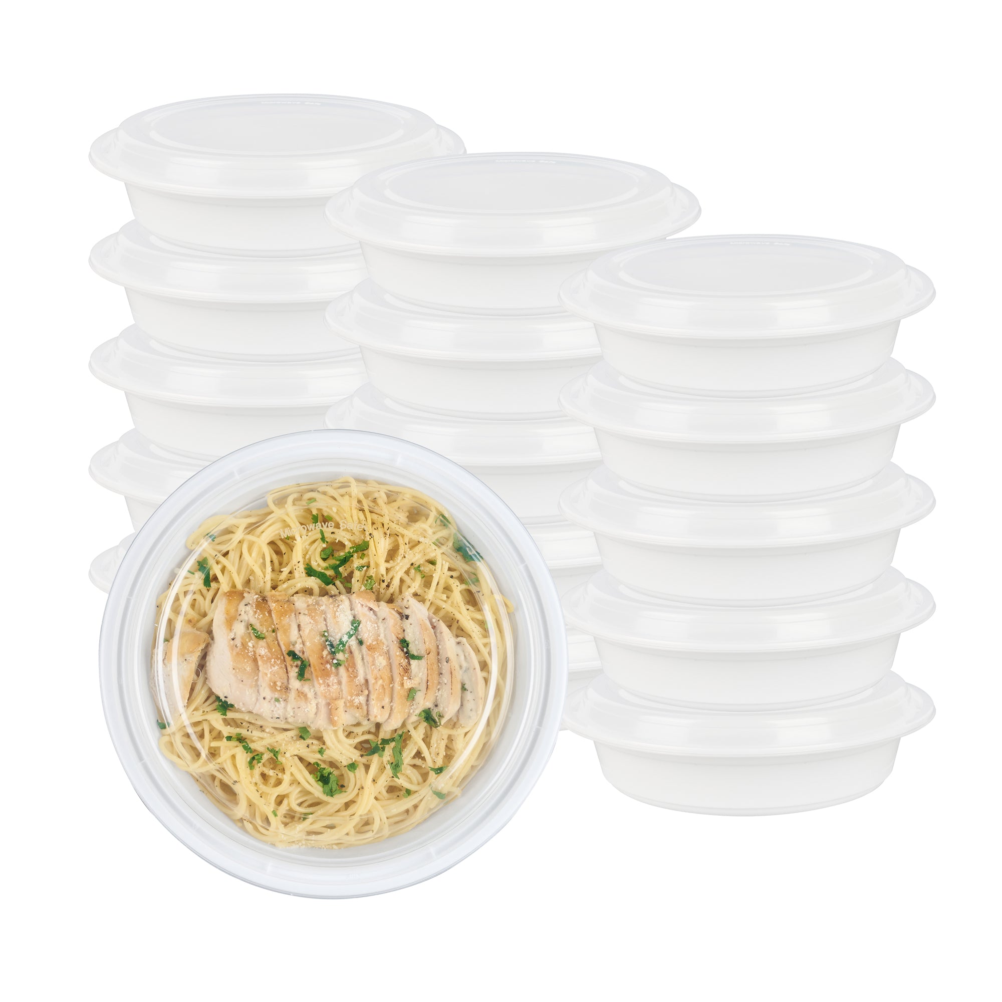 Asporto 48 oz Round White Plastic To Go Box - with Clear Lid, Microwavable - 9" x 9" x 1 3/4" - 100 count box