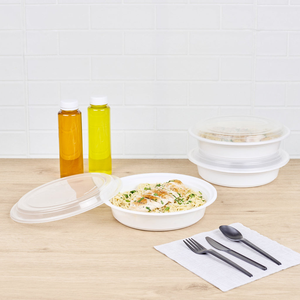 Asporto 48 oz Round White Plastic To Go Box - with Clear Lid, Microwavable - 9" x 9" x 1 3/4" - 100 count box