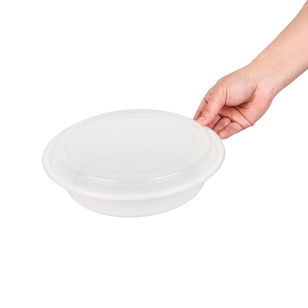 Asporto 48 oz Round White Plastic To Go Box - with Clear Lid, Microwavable - 9" x 9" x 1 3/4" - 50 count box