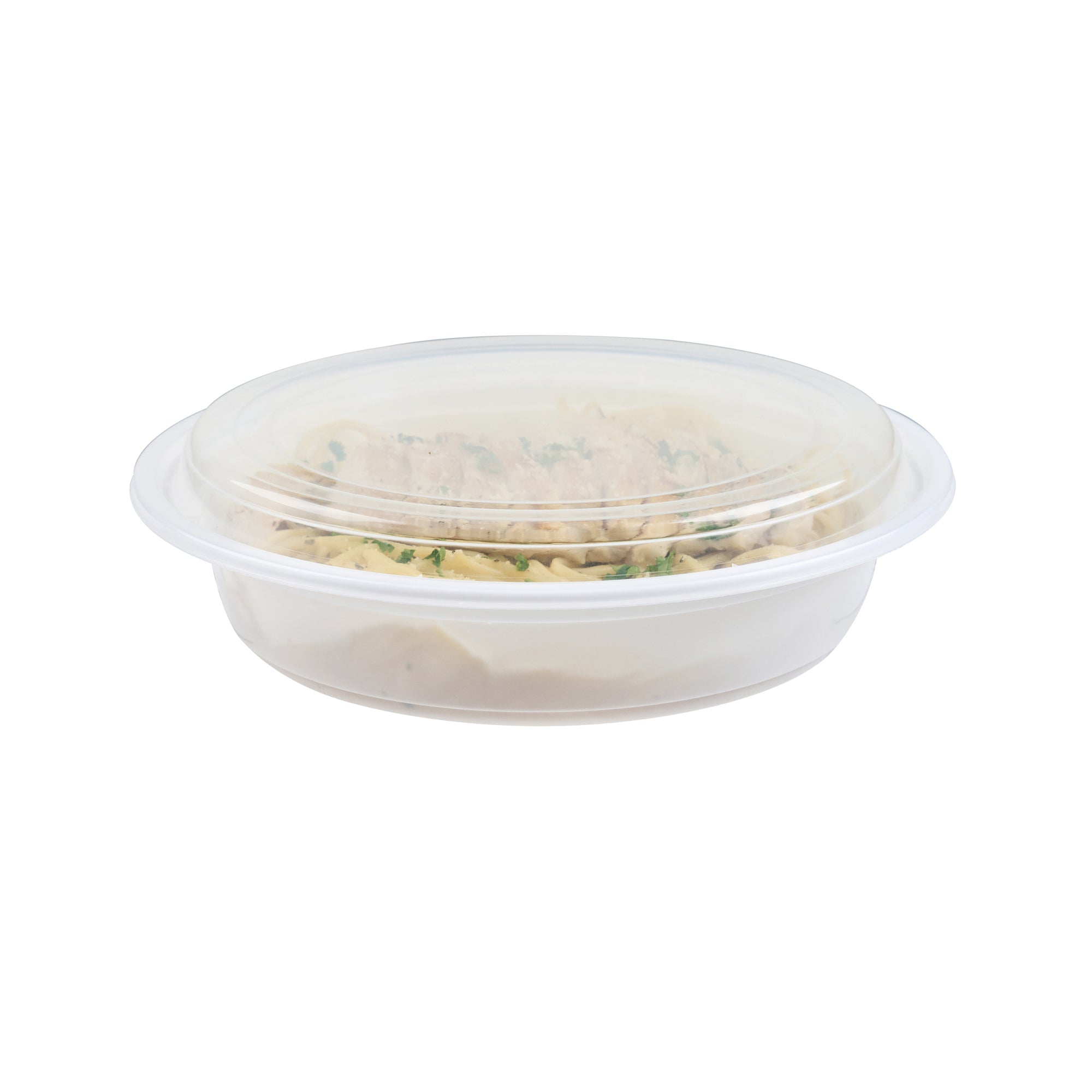 Asporto 48 oz Round White Plastic To Go Box - with Clear Lid, Microwavable - 9" x 9" x 1 3/4" - 50 count box