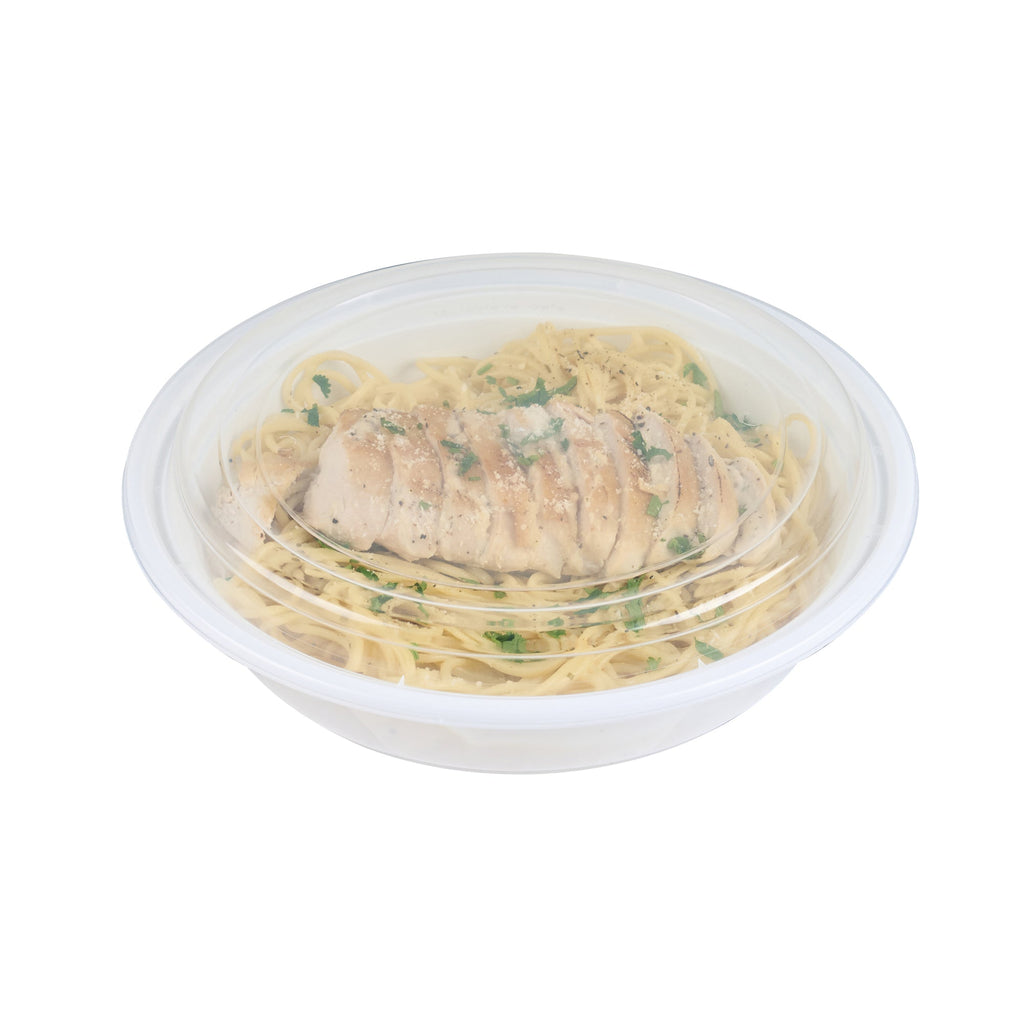 Asporto 48 oz Round White Plastic To Go Box - with Clear Lid, Microwavable - 9" x 9" x 1 3/4" - 50 count box