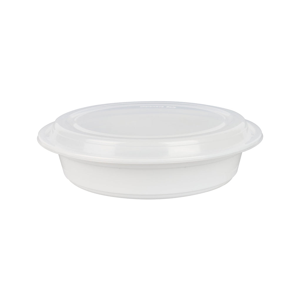 Asporto 48 oz Round White Plastic To Go Box - with Clear Lid, Microwavable - 9" x 9" x 1 3/4" - 50 count box