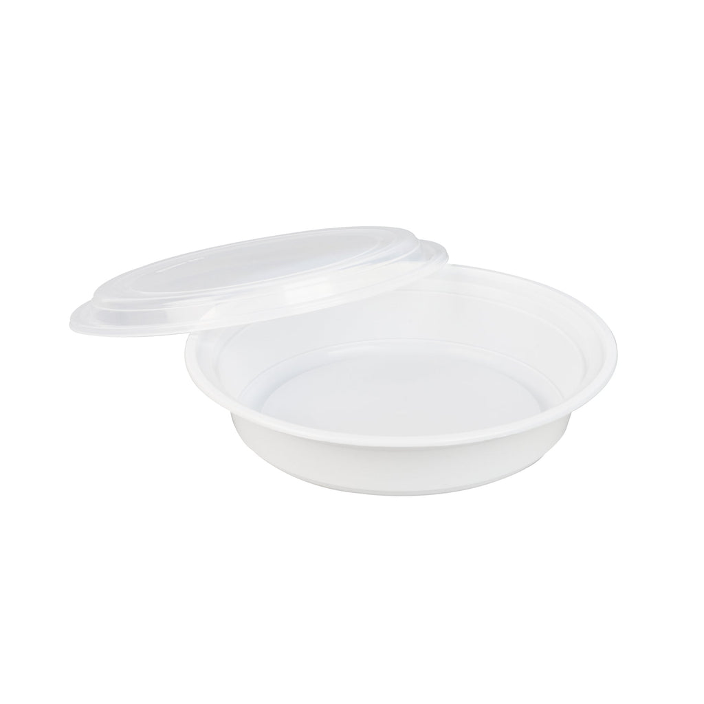 Asporto 48 oz Round White Plastic To Go Box - with Clear Lid, Microwavable - 9" x 9" x 1 3/4" - 50 count box