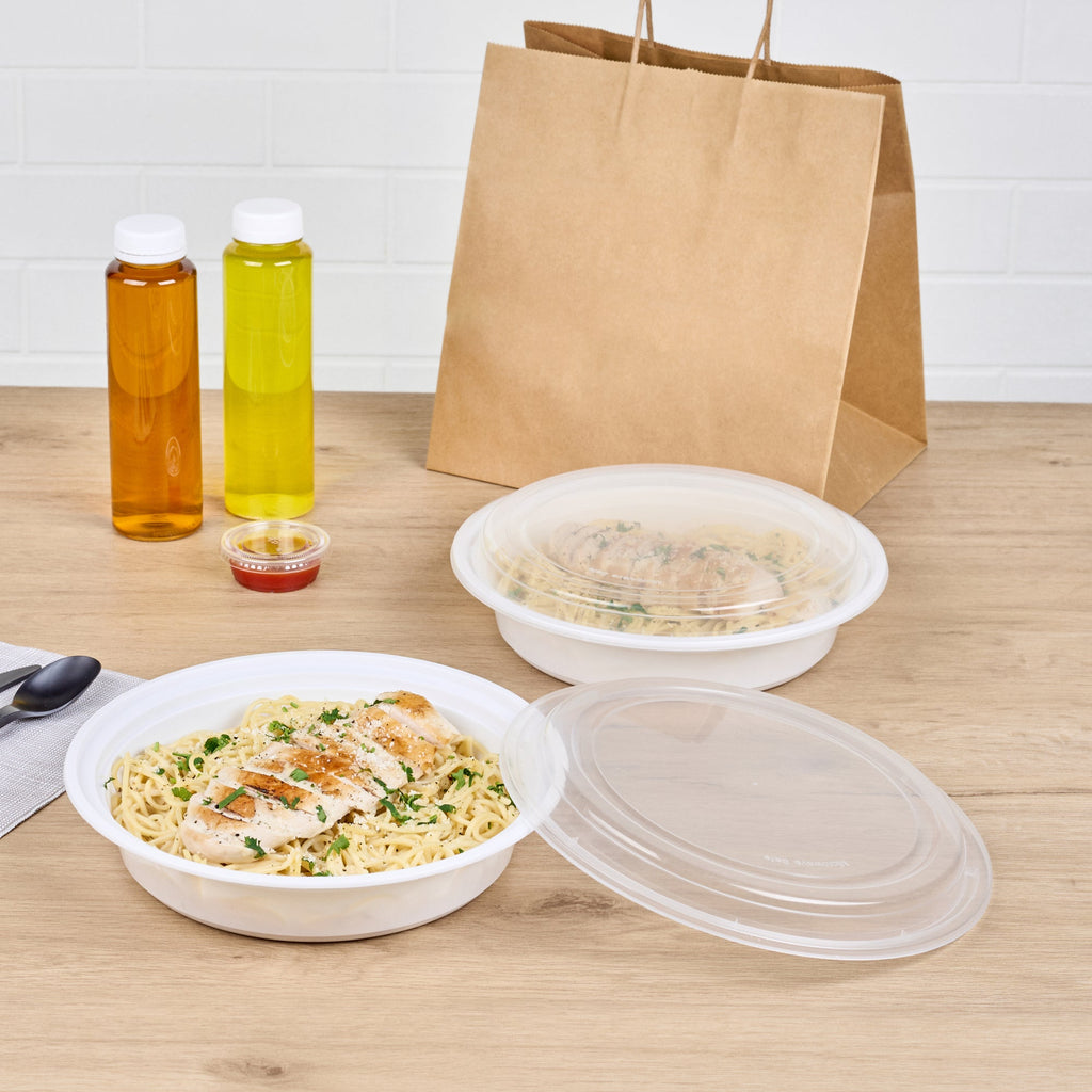 Asporto 48 oz Round White Plastic To Go Box - with Clear Lid, Microwavable - 9" x 9" x 1 3/4" - 50 count box